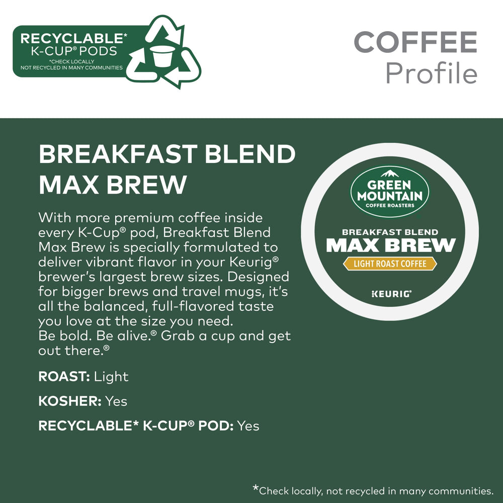 Green Mountain Breakfast Blend Max Brew box—60-count pack for steady coffee moments.