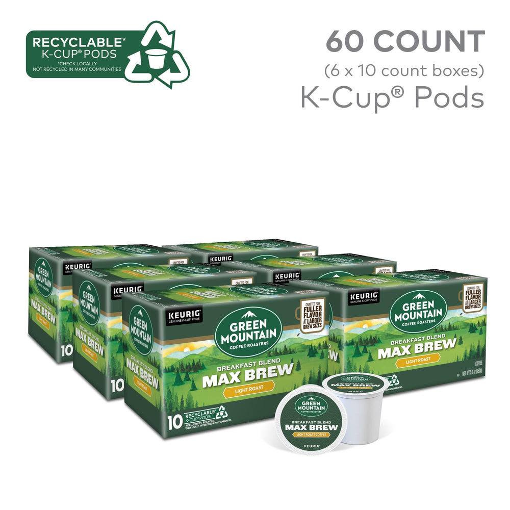Green Mountain Breakfast Blend Max Brew pod—Keurig-ready convenience for mornings.