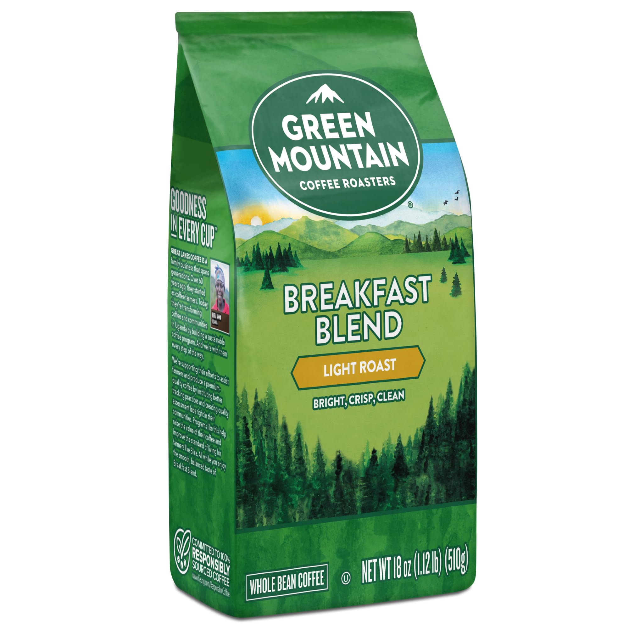 Green Mountain Breakfast Blend packaging open revealing fresh beans.