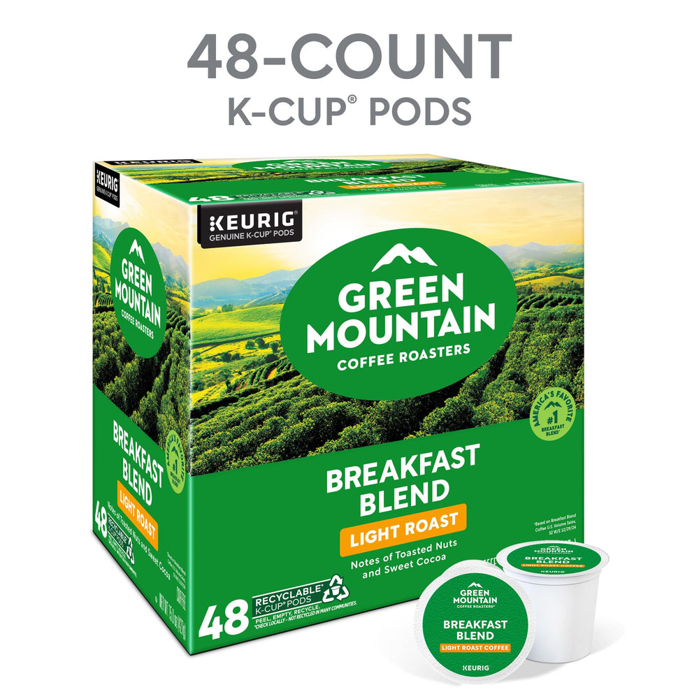 Green Mountain Breakfast Blend packaging showing recyclable pod design.
