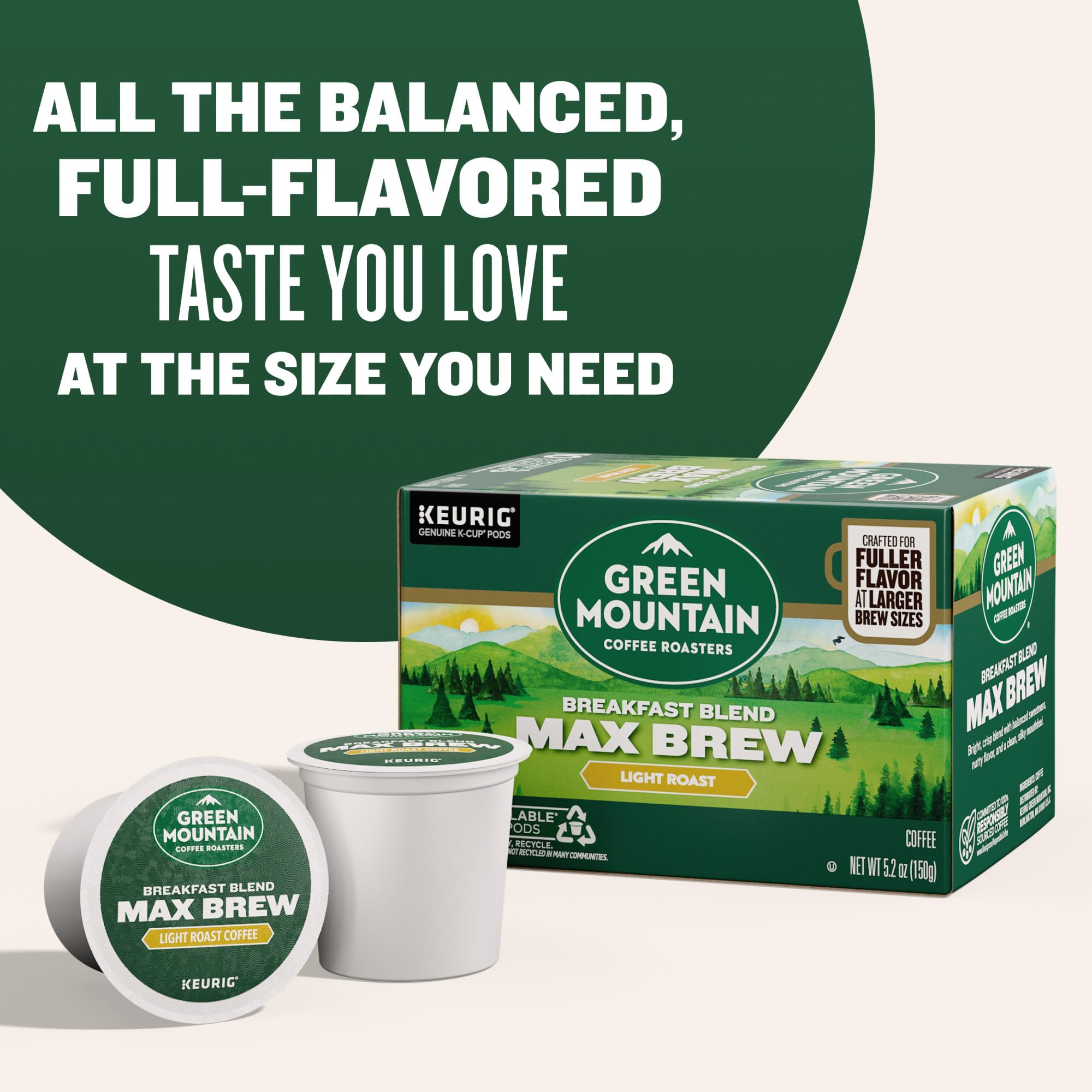 Green Mountain Breakfast Blend recyclable pod—eco-friendly choice for daily use.