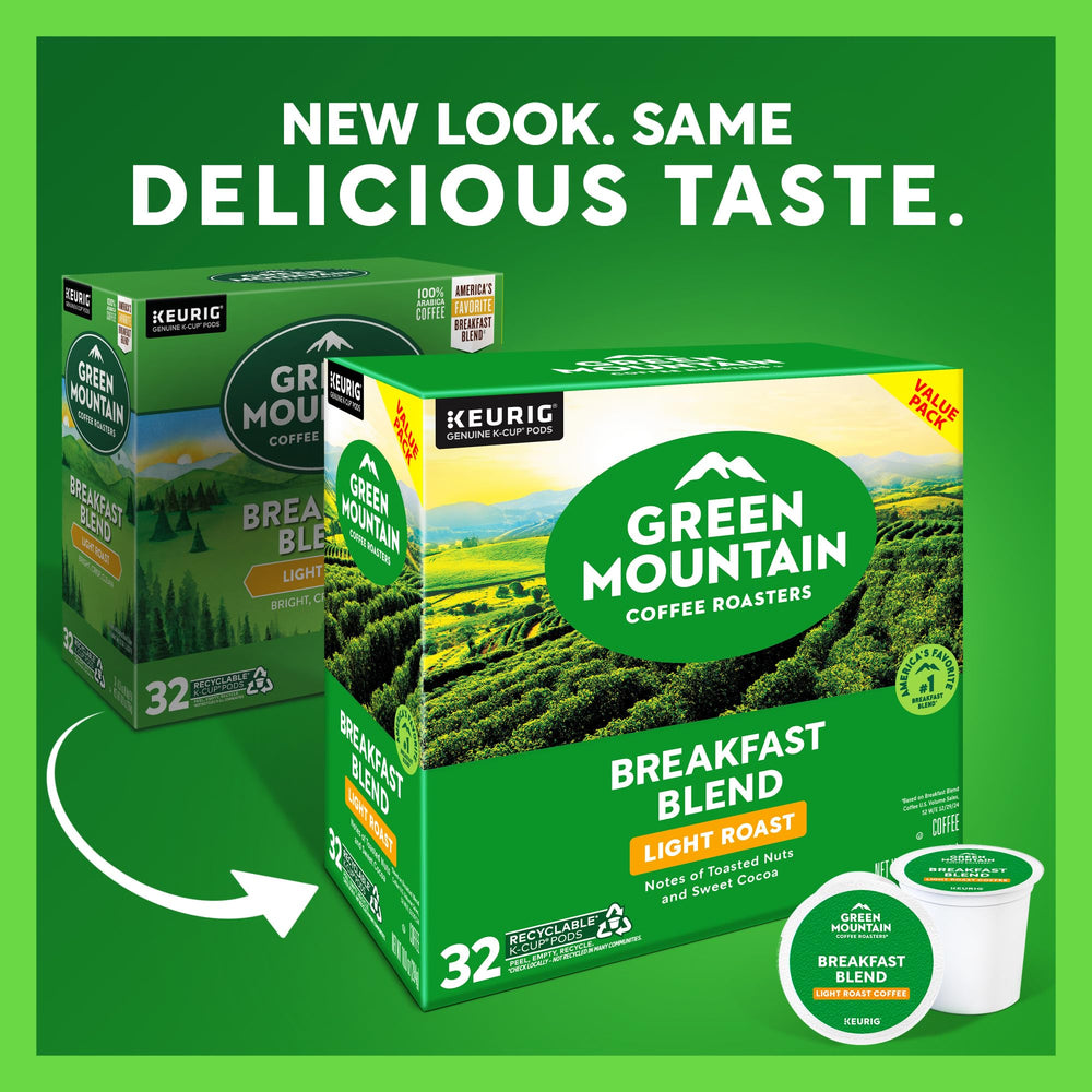Green Mountain Breakfast Blend single-serve box showcasing fresh coffee experience at home