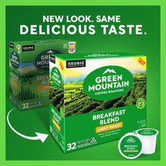 Green Mountain Breakfast Blend single-serve box showcasing fresh coffee experience at home