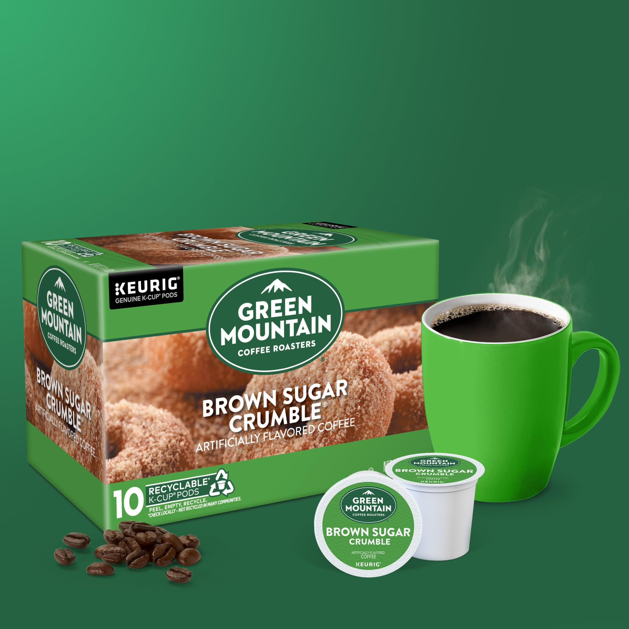 Recyclable K-Cup pods shown with peel, empty, recycle steps.