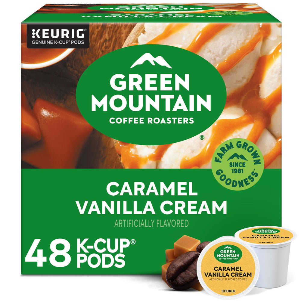 Green Mountain Caramel Vanilla Cream K-Cup pods with rich flavor notes and convenience.