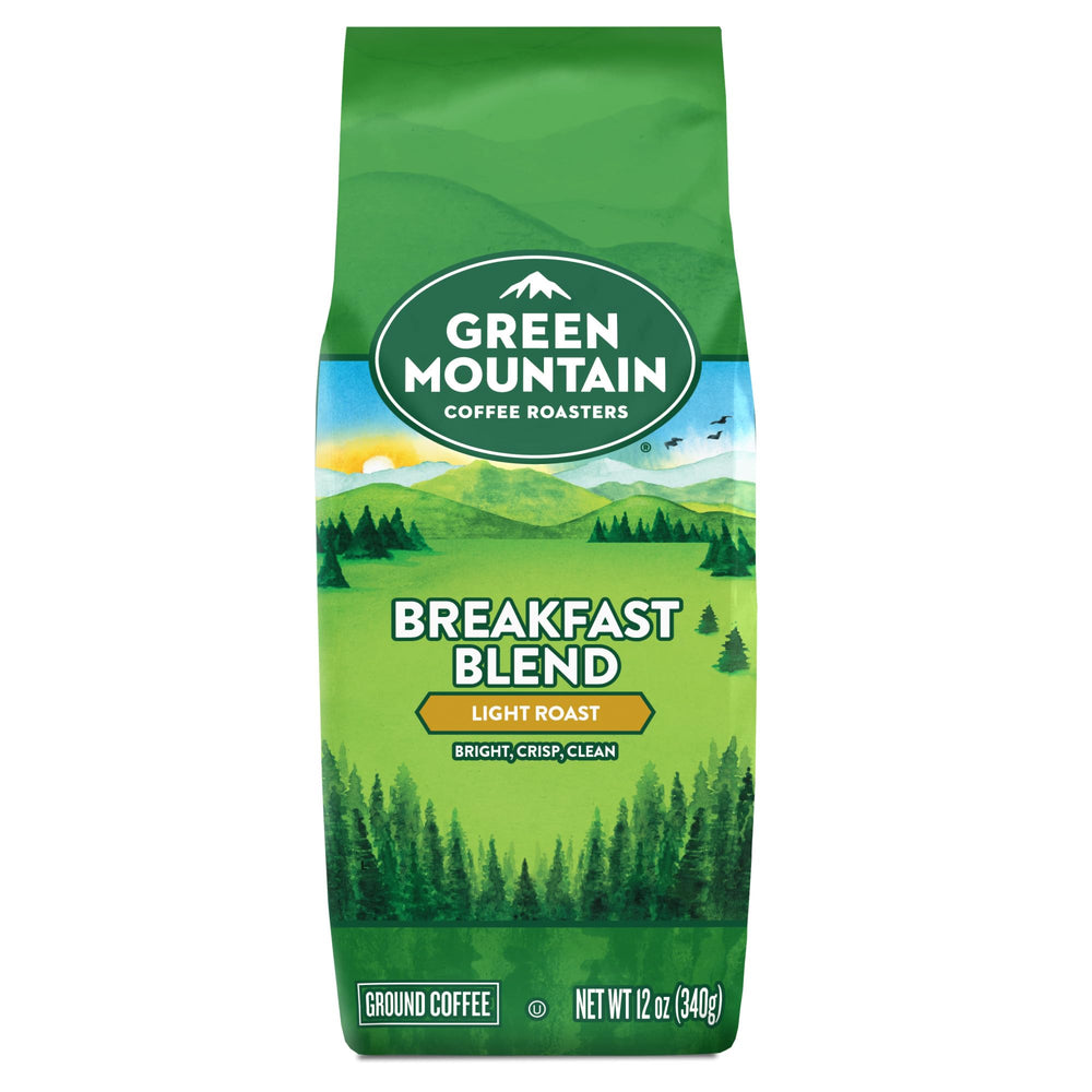 Ceramic mug featuring Green Mountain Breakfast Blend, silky mouthfeel suggested.