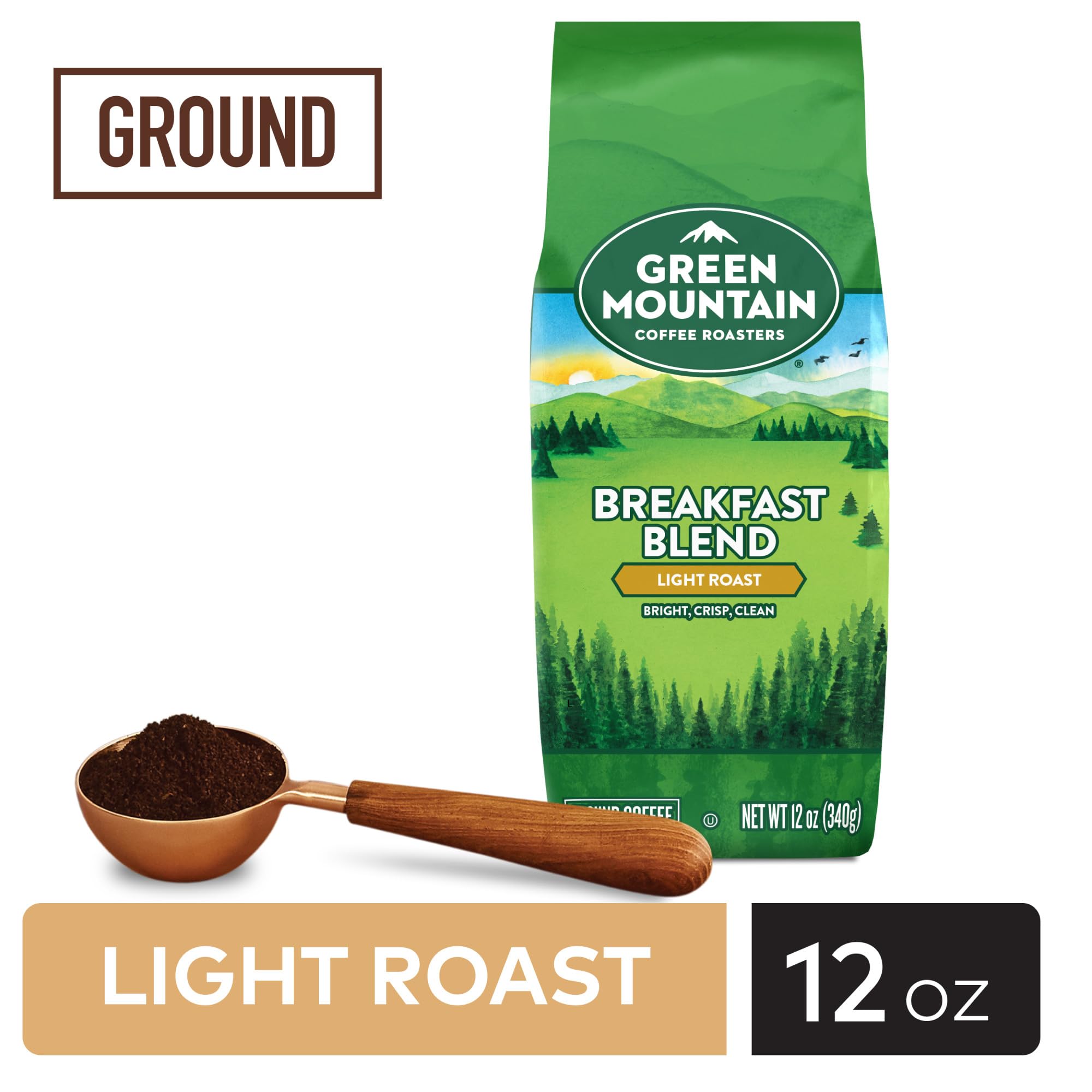 Green Mountain Coffee Breakfast Blend ground coffee ready for everyday brewing.