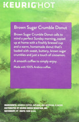 Label closeup on Green Mountain Brown Sugar Crumble Donut box for easy identification.