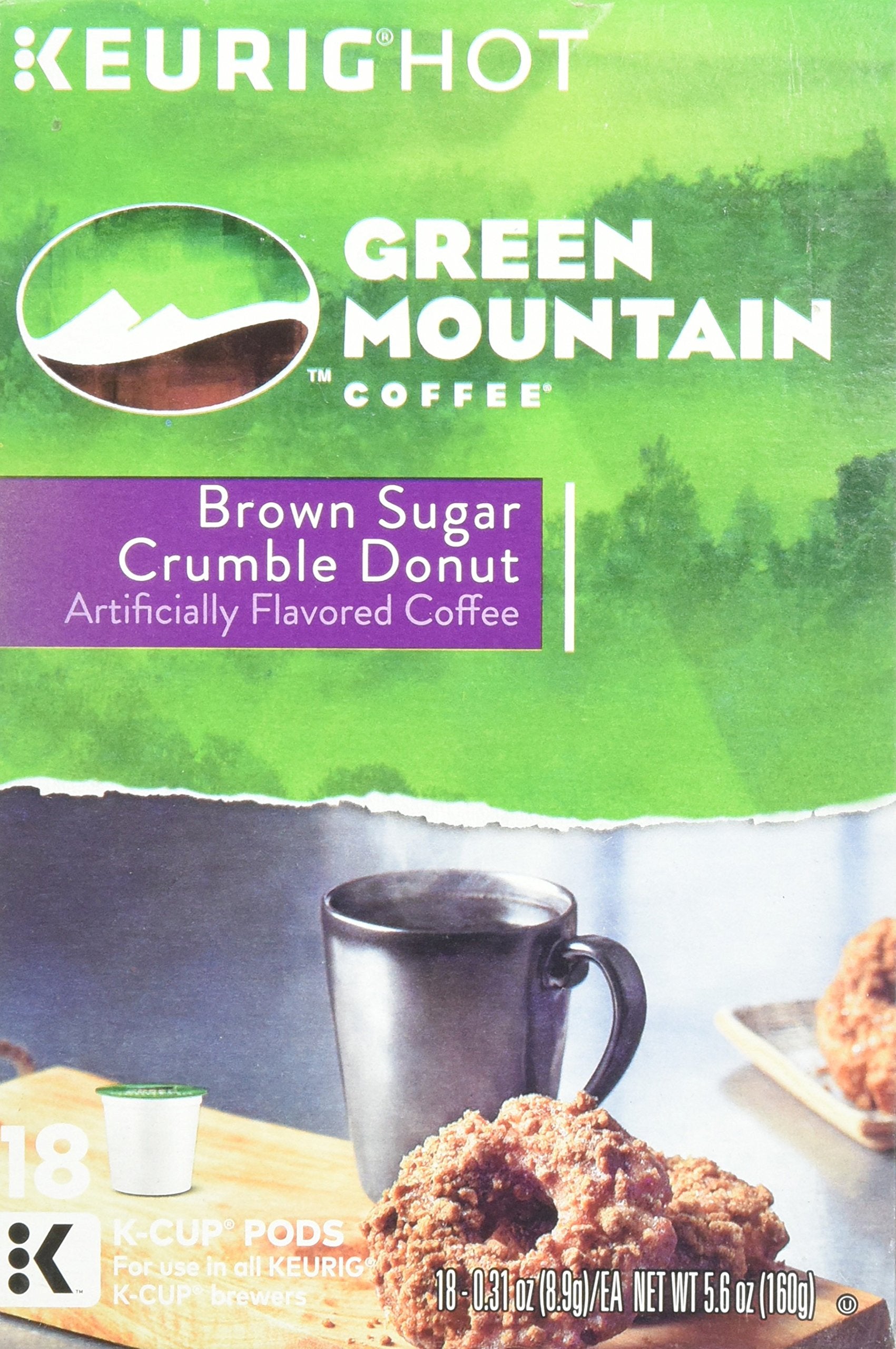 Packaging box of Green Mountain Brown Sugar Crumble Donut signals donut-inspired flavor.