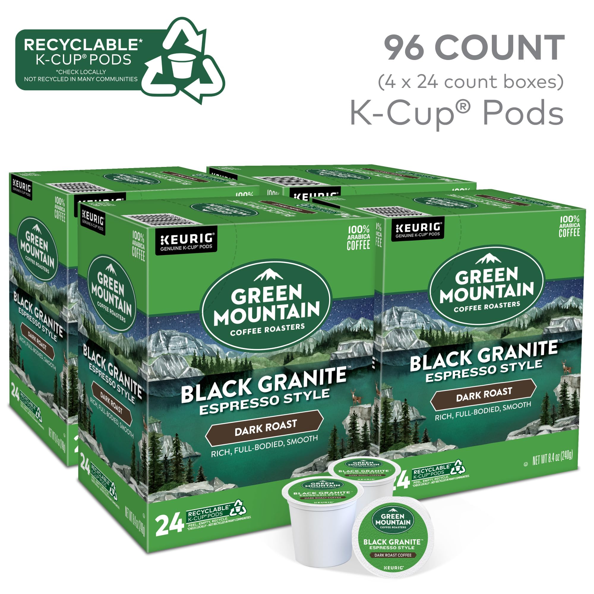 Green Mountain Coffee Roasters Black Granite espresso pod in a mug, rich flavor with quick button brewing