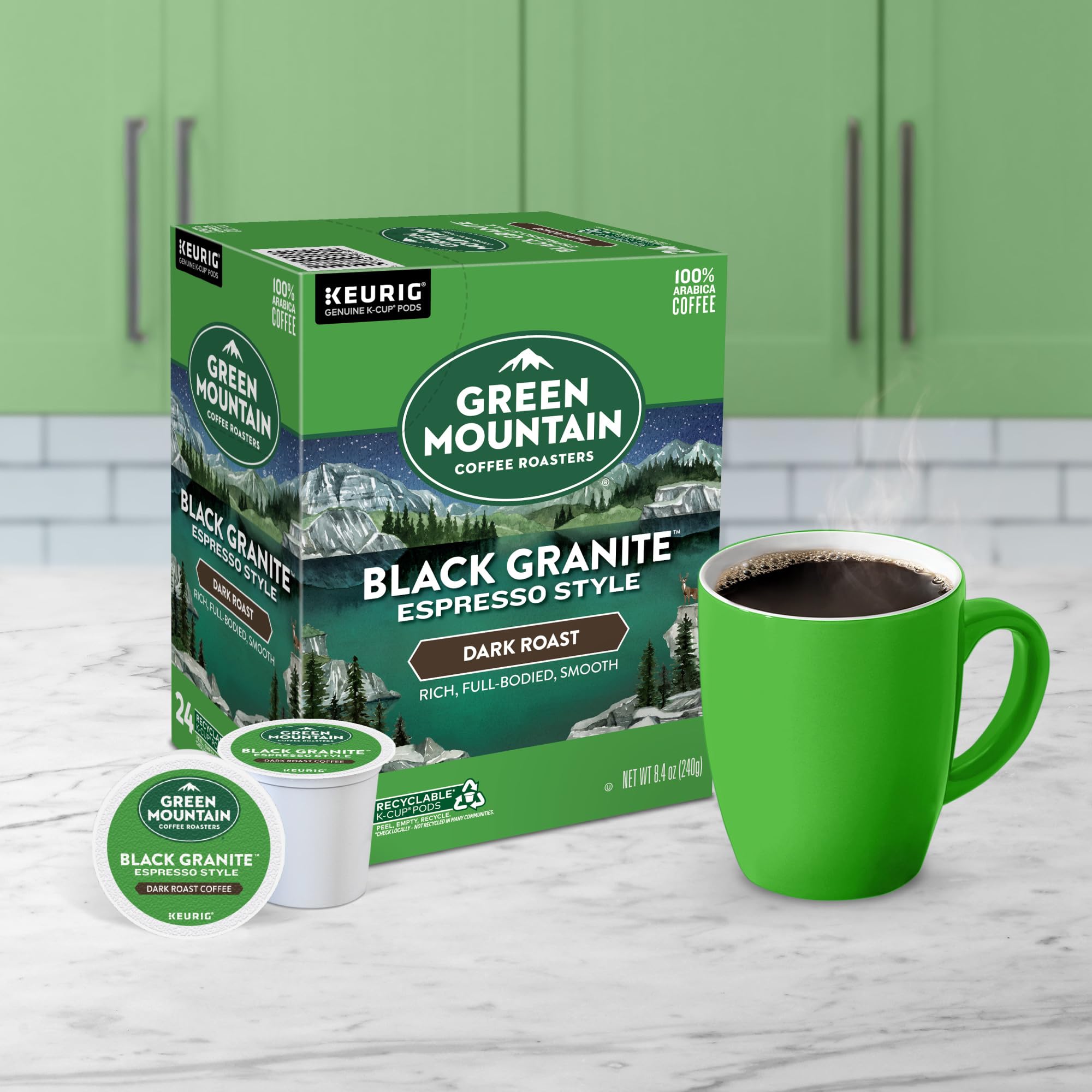 Green Mountain Coffee Roasters Black Granite cup with steam signaling a rich brew