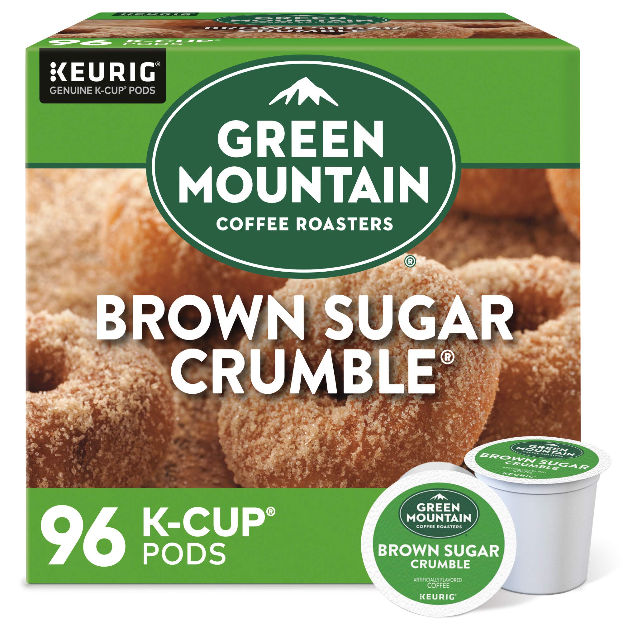 Green Mountain Coffee Roasters Brown Sugar Crumble packaging highlights sustainable sourcing.