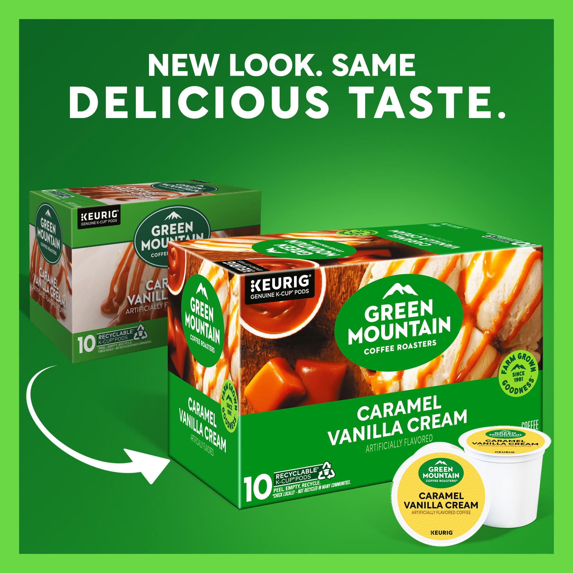 Close-up of Green Mountain Caramel Vanilla Cream K-Cup pods for quick, consistent morning coffee.