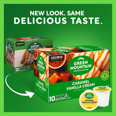 Close-up of Green Mountain Caramel Vanilla Cream K-Cup pods for quick, consistent morning coffee.