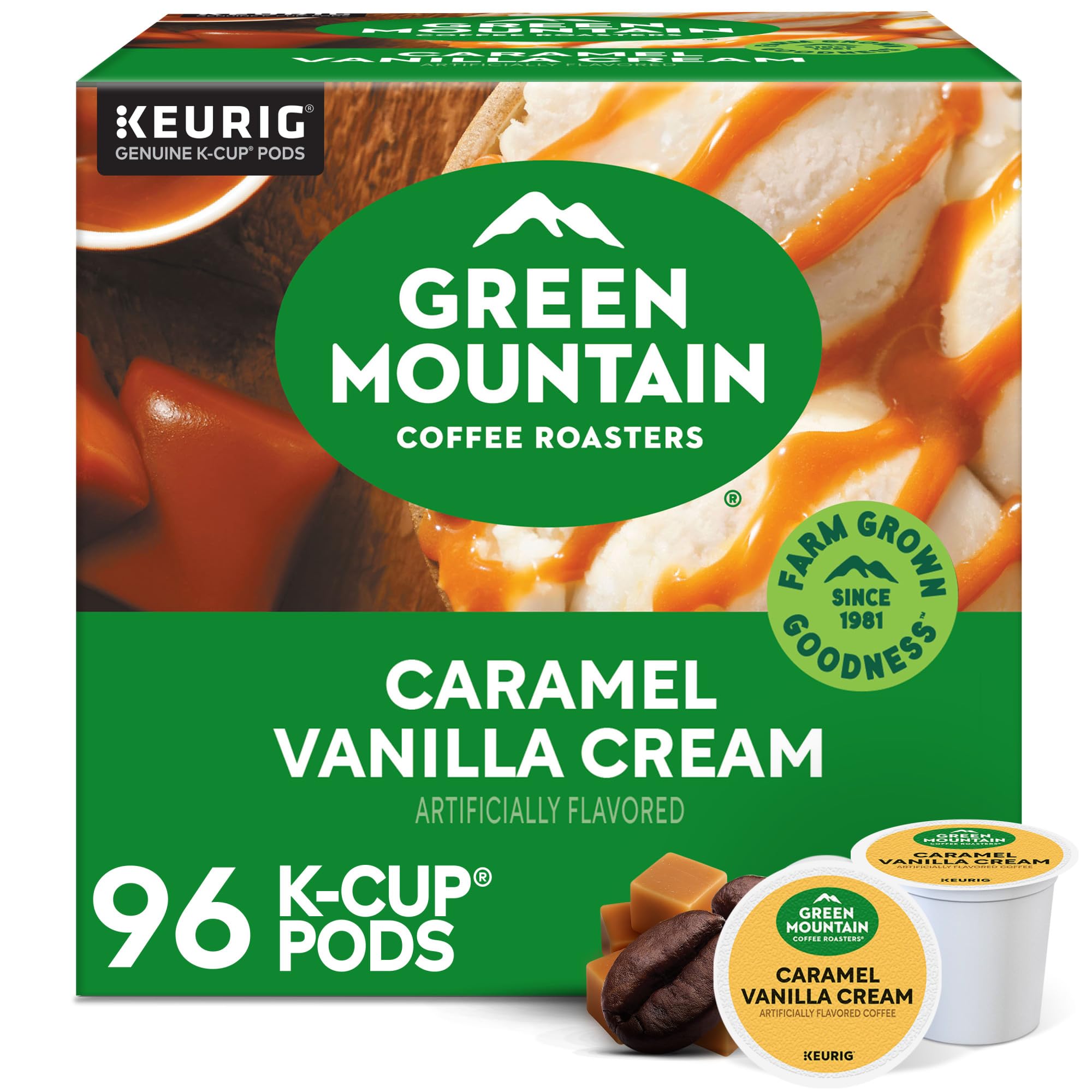 Green Mountain Caramel Vanilla Cream K-Cup, caramel swirl aroma for cozy morning sips.