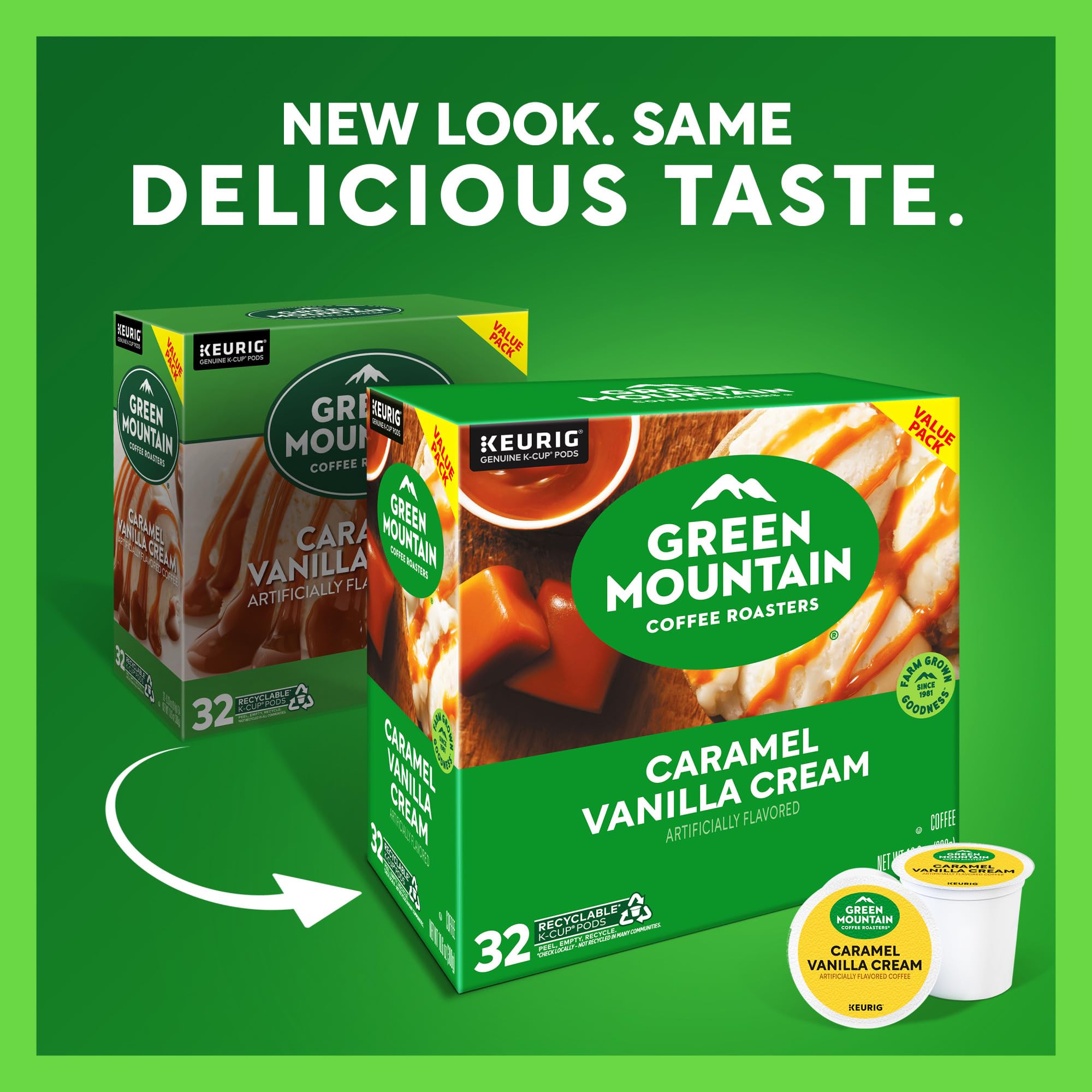 Green Mountain Caramel Vanilla Cream packaging on display, ideal for gifting.