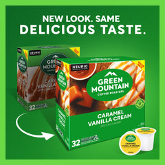 Green Mountain Caramel Vanilla Cream packaging on display, ideal for gifting.