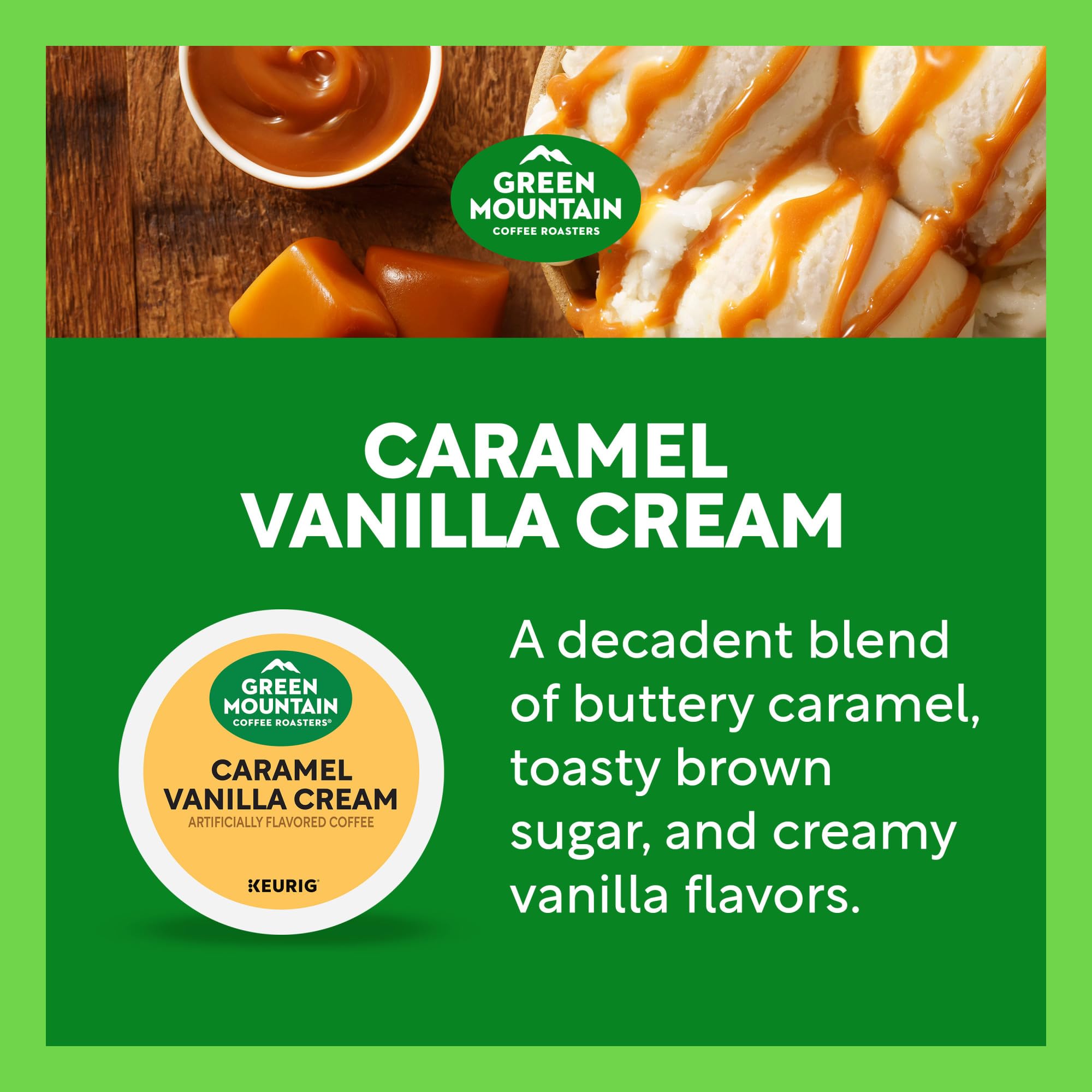 Sustainability icons on Green Mountain Caramel Vanilla Cream packaging.