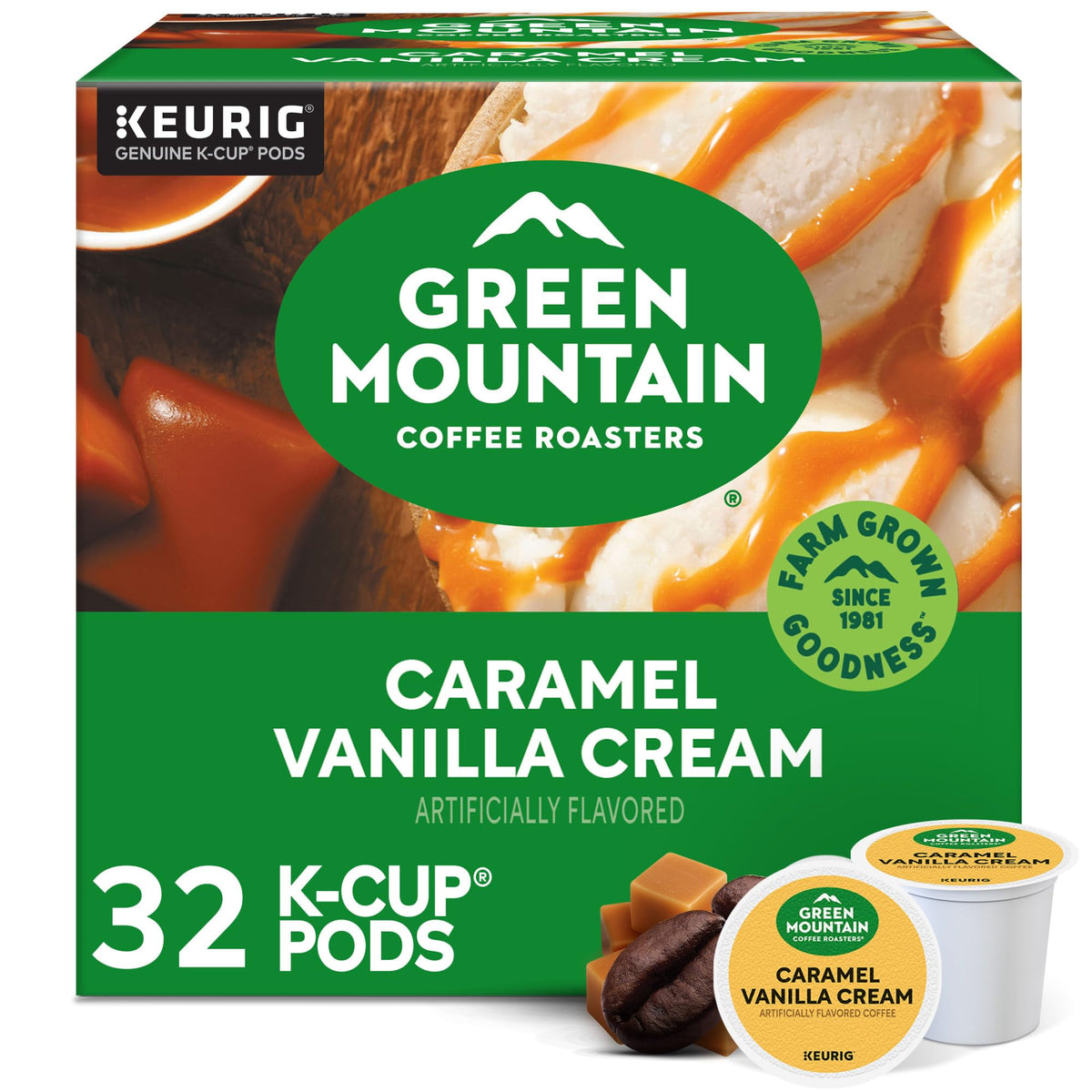 Green Mountain Caramel Vanilla Cream pod on a mug, perfect for a cozy morning ritual.