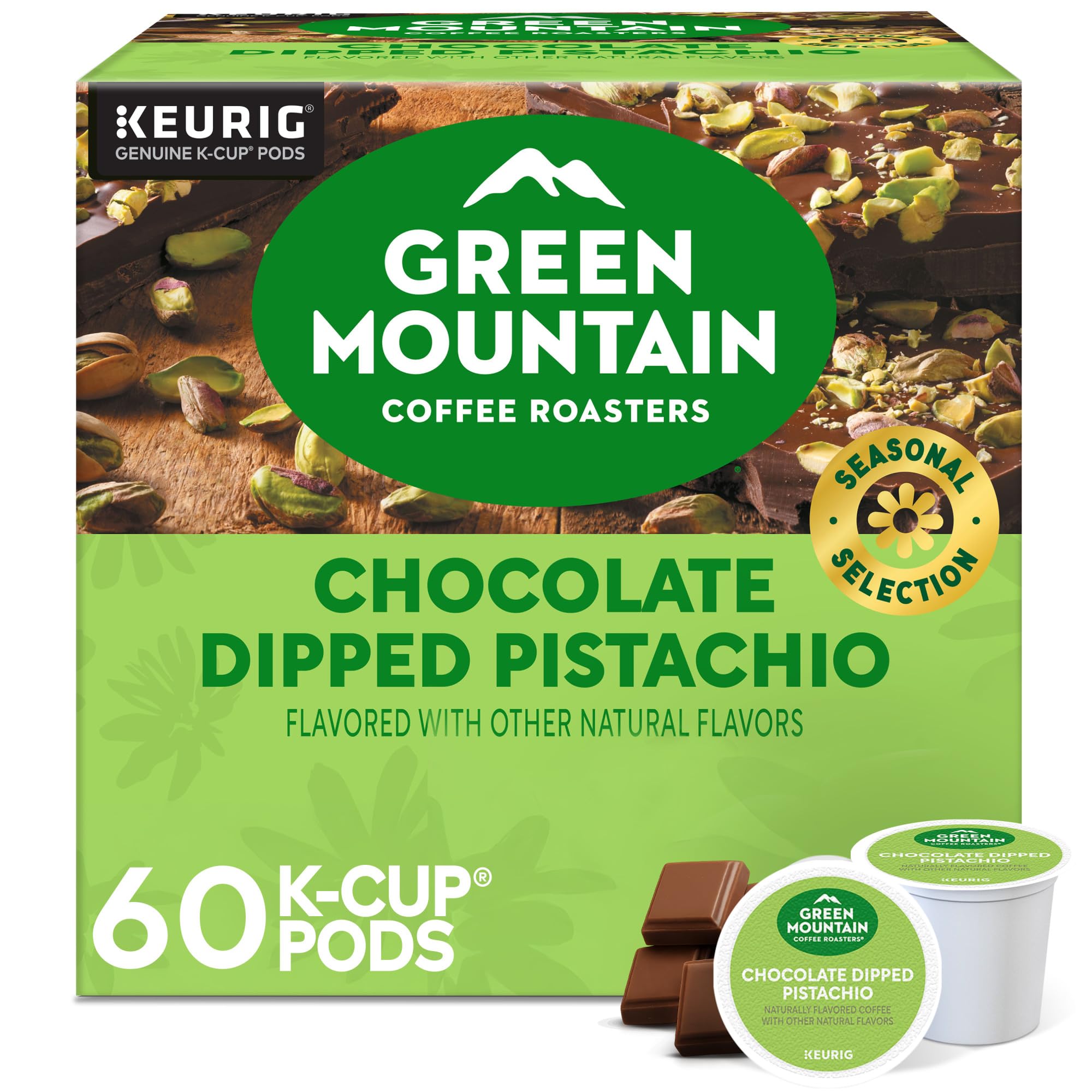 Green Mountain Chocolate Dipped Pistachio pod highlighting pistachio flavor for a bright morning