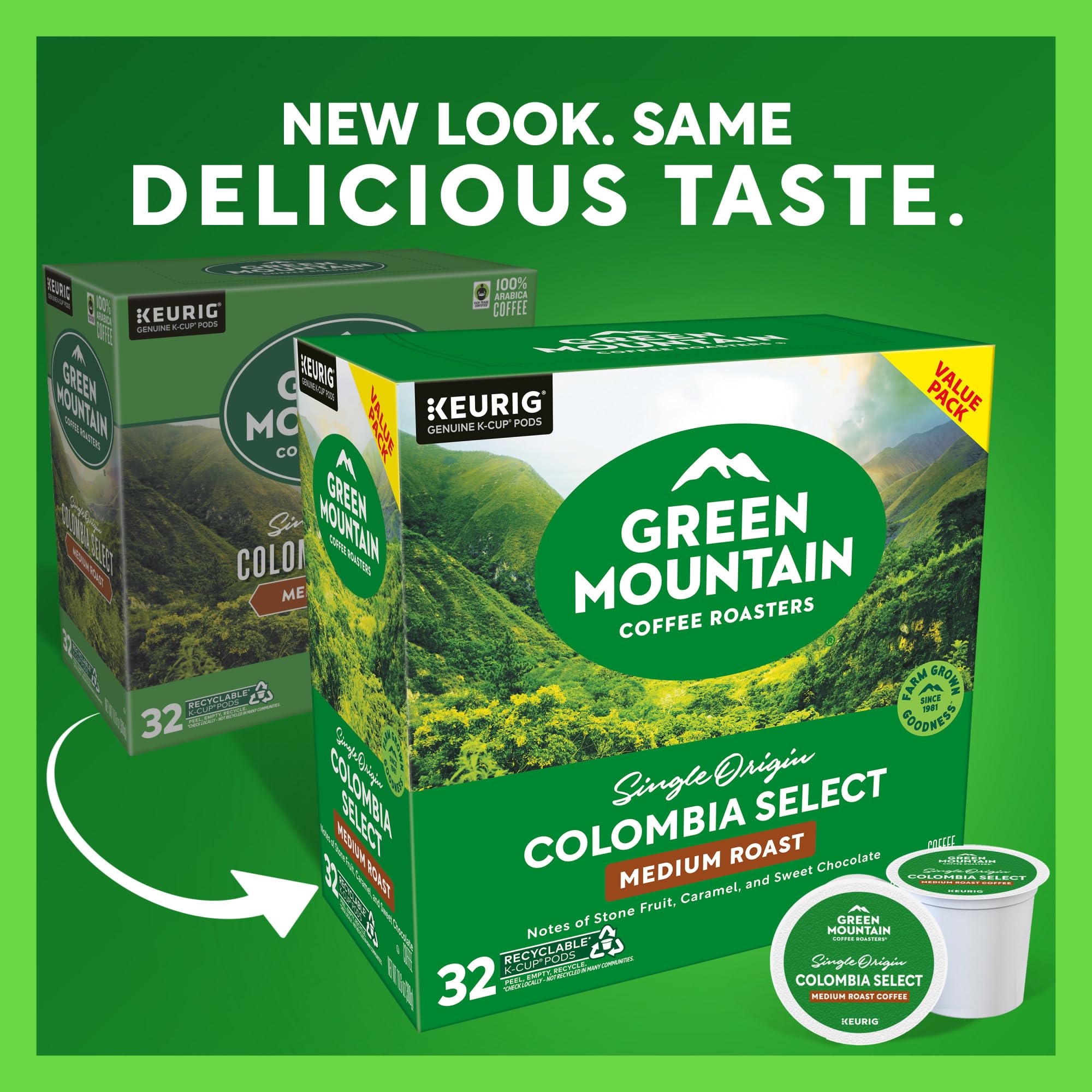 Green Mountain Colombia Select pod close-up, showcasing convenient single-serve pods for mornings
