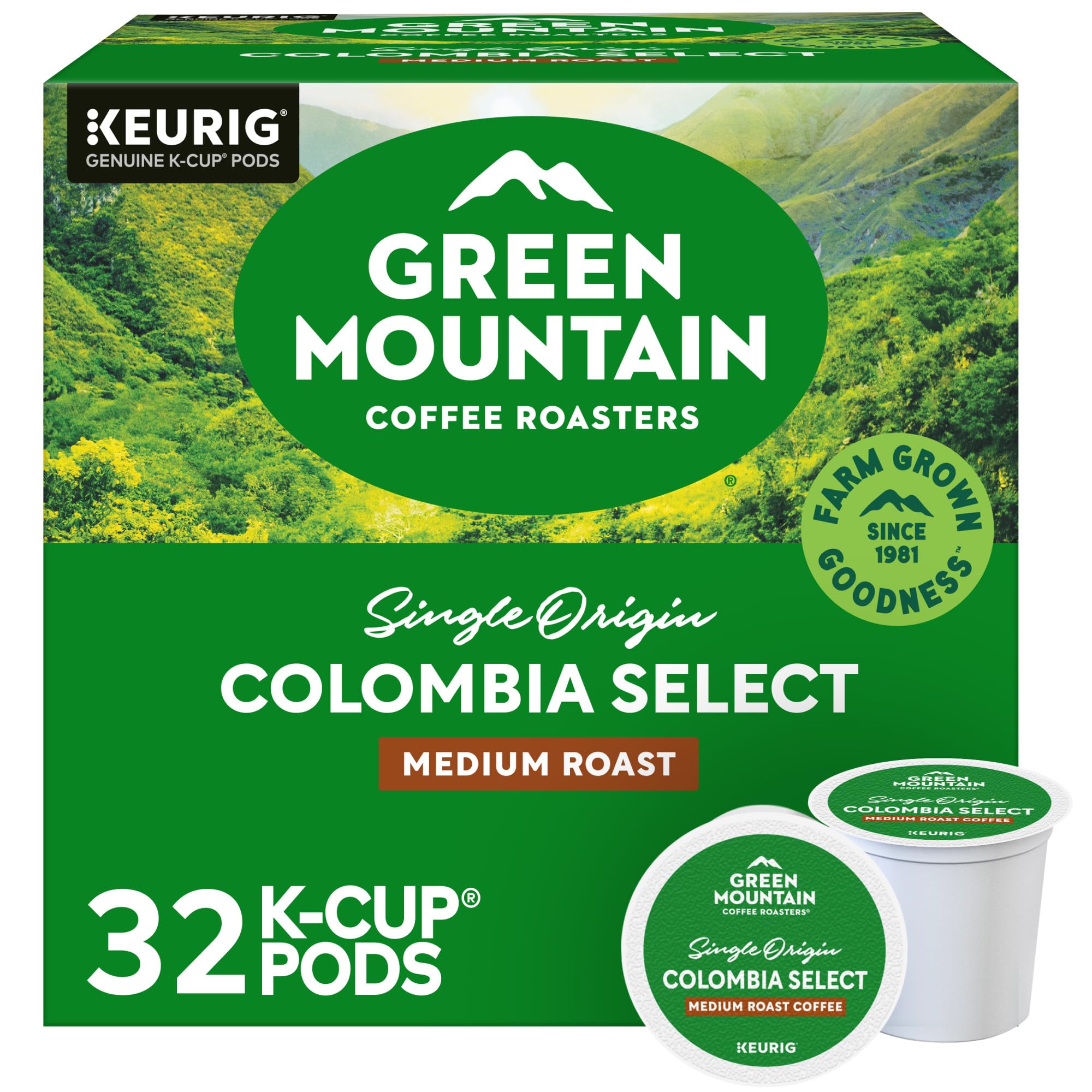 Green Mountain Coffee Roasters Colombia Select pod packshot for Keurig machines, showing consistent brews