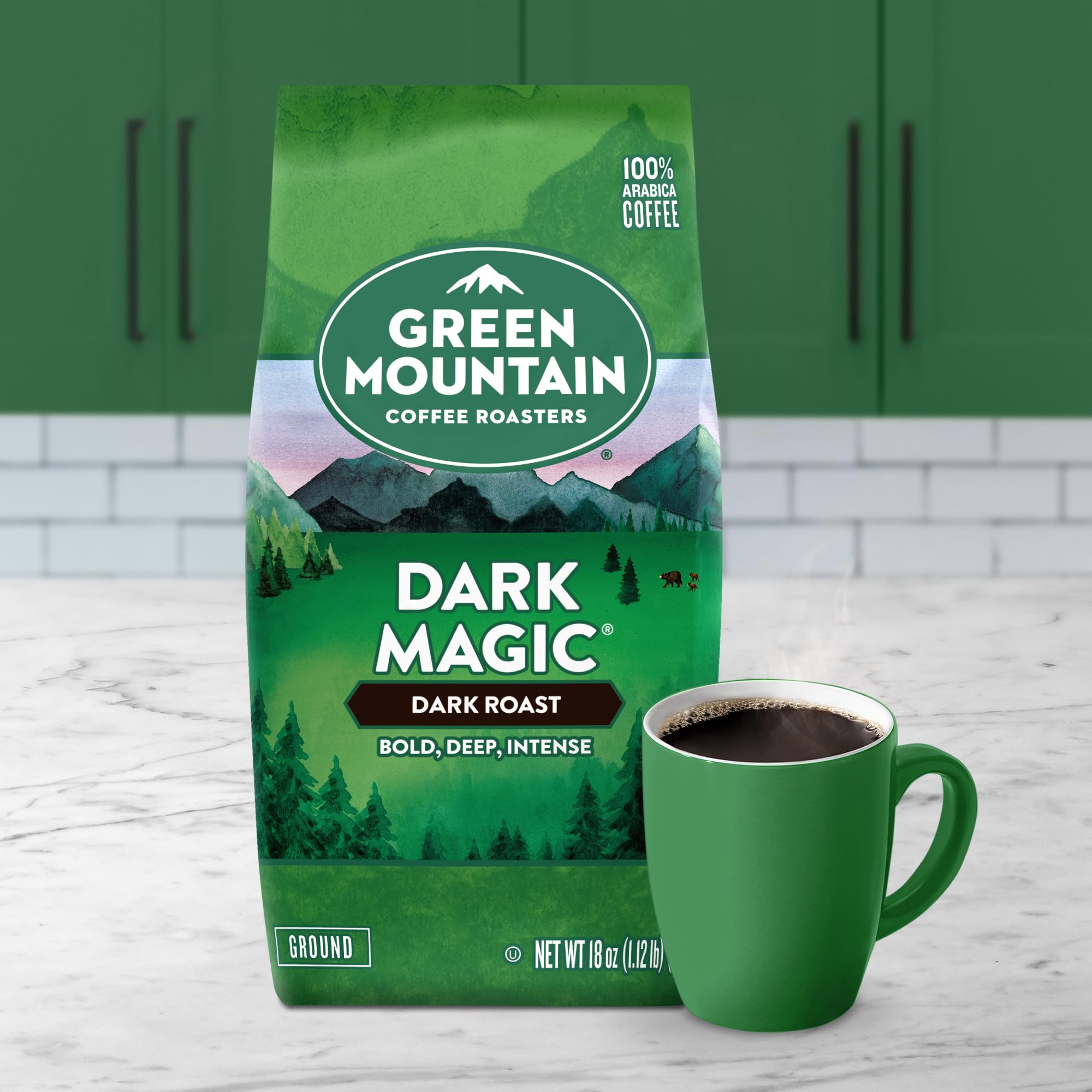 Green Mountain Dark Magic packaging communicates rugged outdoor-ready flavor