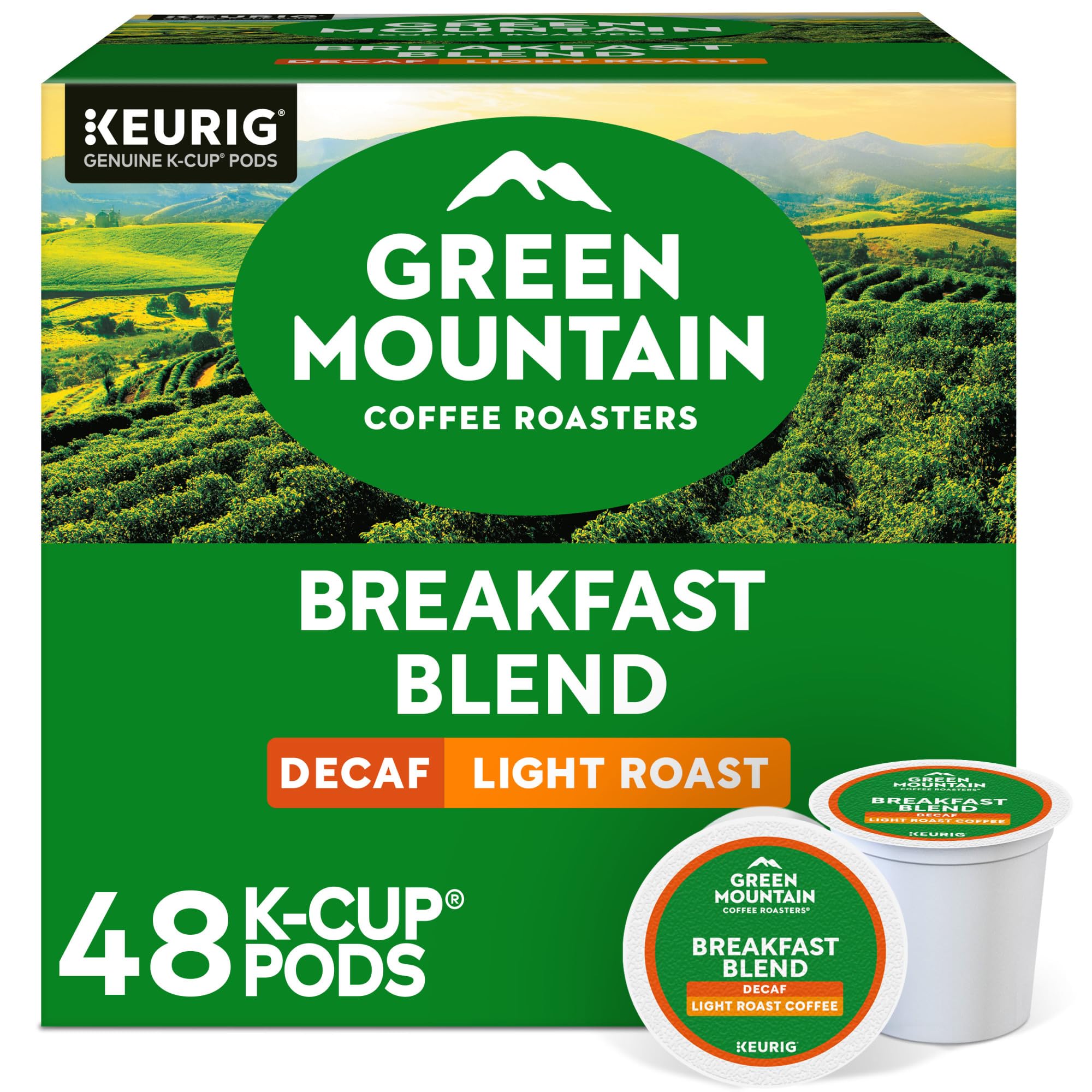 Green Mountain Coffee Roasters Decaf Breakfast Blend K-Cup pod brewing a smooth, balanced cup.