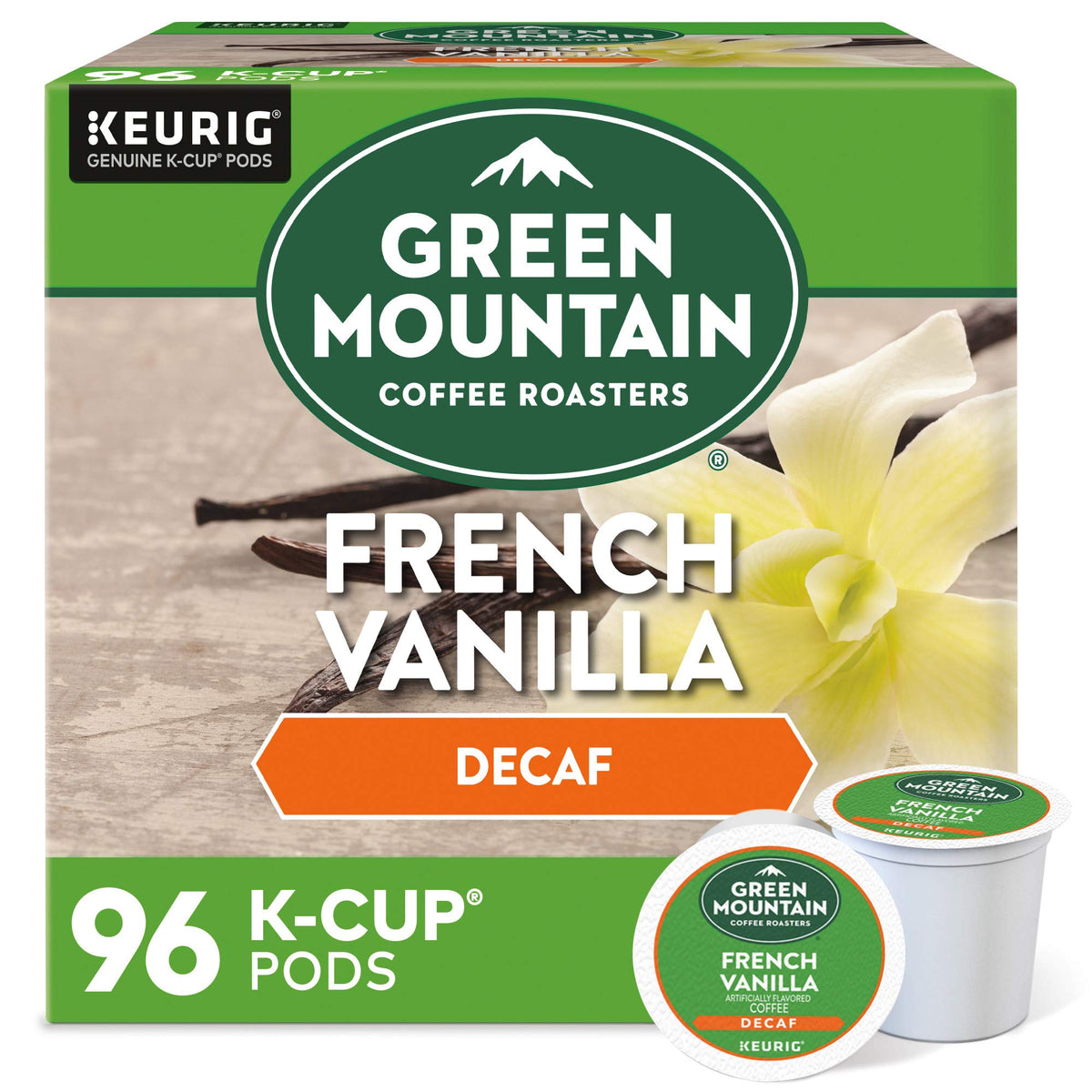 Green Mountain Coffee Roasters French Vanilla Decaf K-Cup pod, vanilla aroma for a smooth cup.