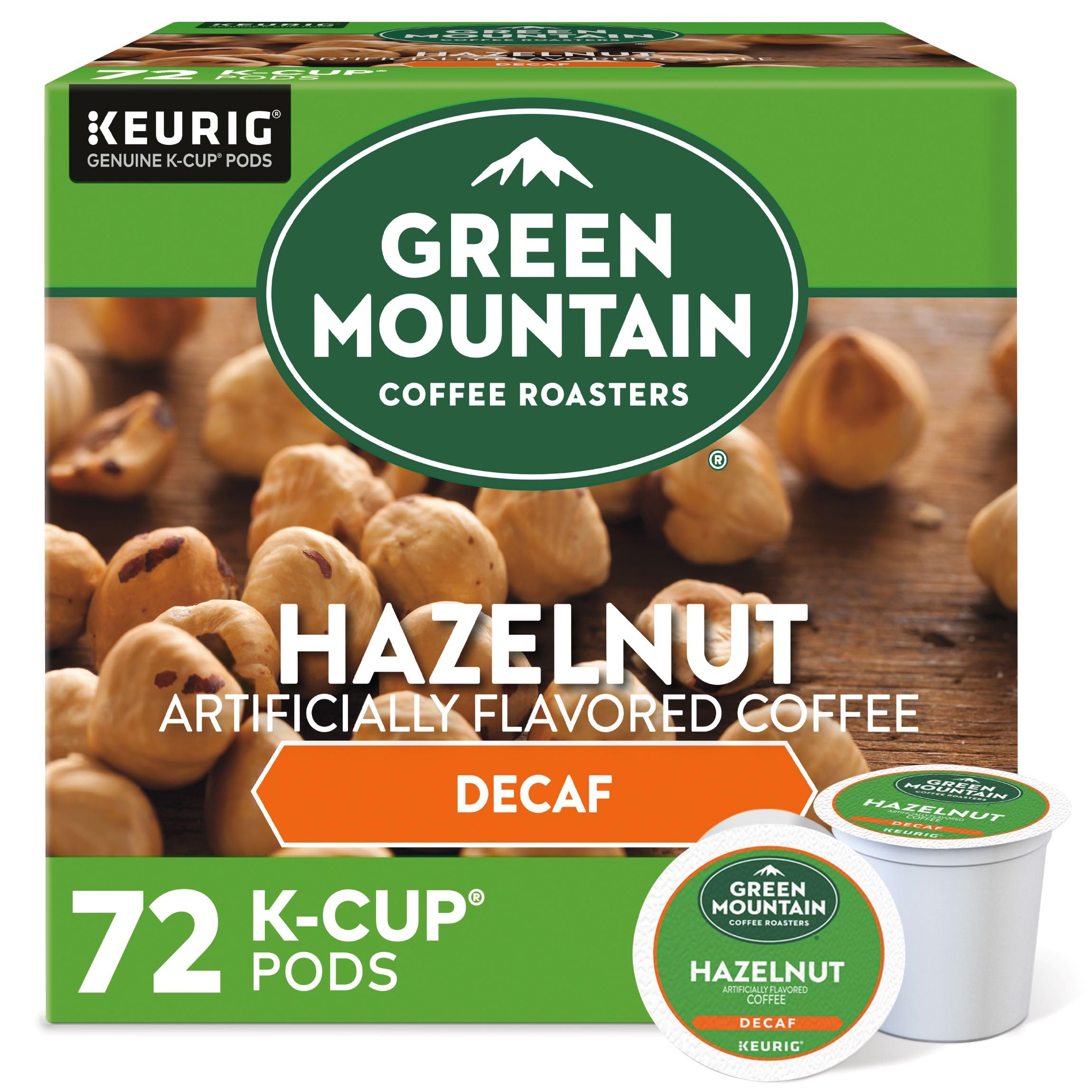 Green Mountain Hazelnut Decaf K-Cup pod close-up with rich aroma guidance