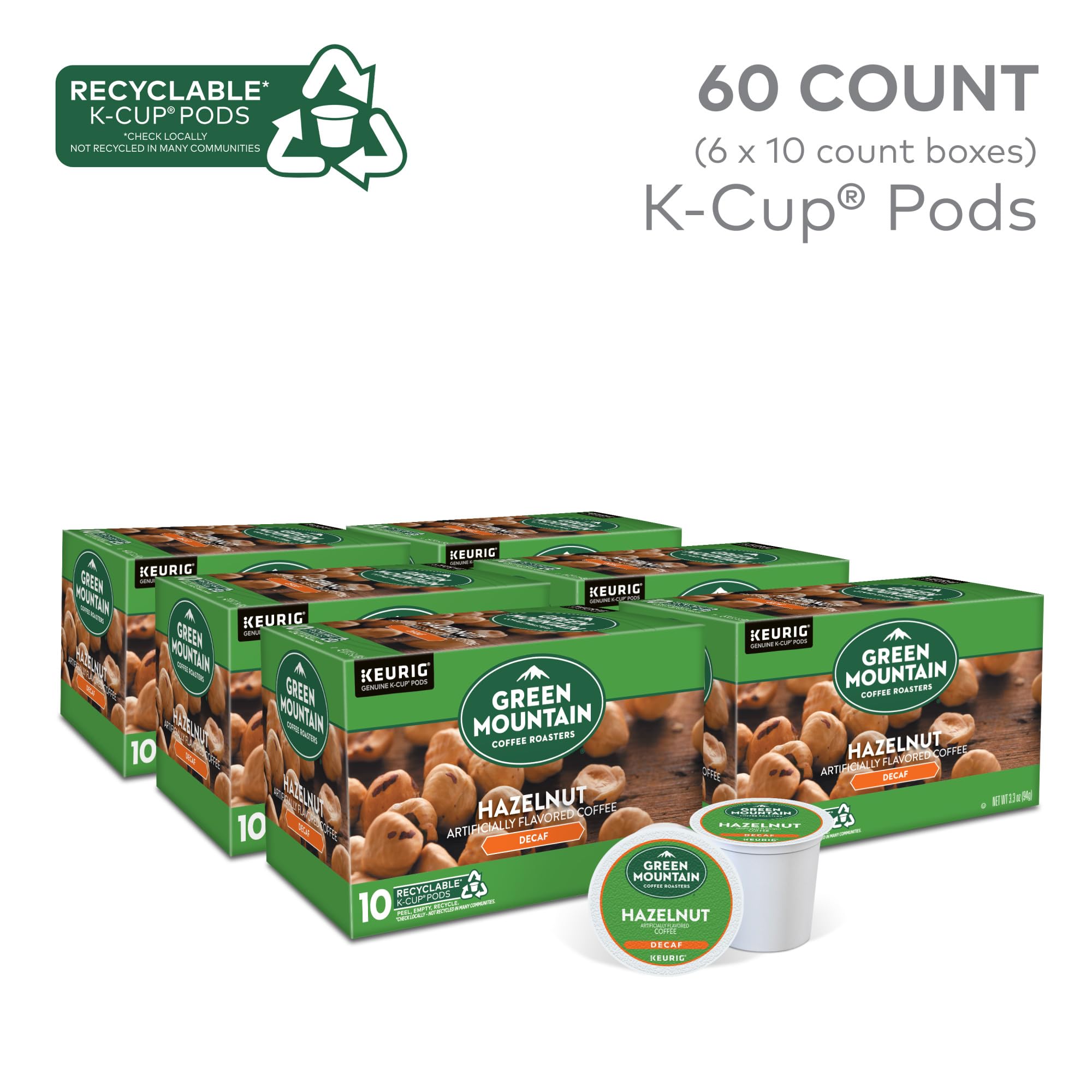 Close-up of Green Mountain Hazelnut Decaf K-Cup ready for brewing.