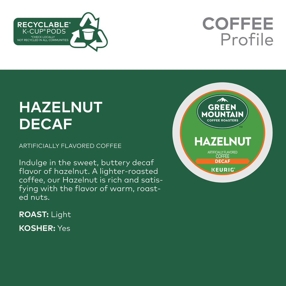 Green Mountain Hazelnut Decaf K-Cup close-up showing warm hazelnut notes.