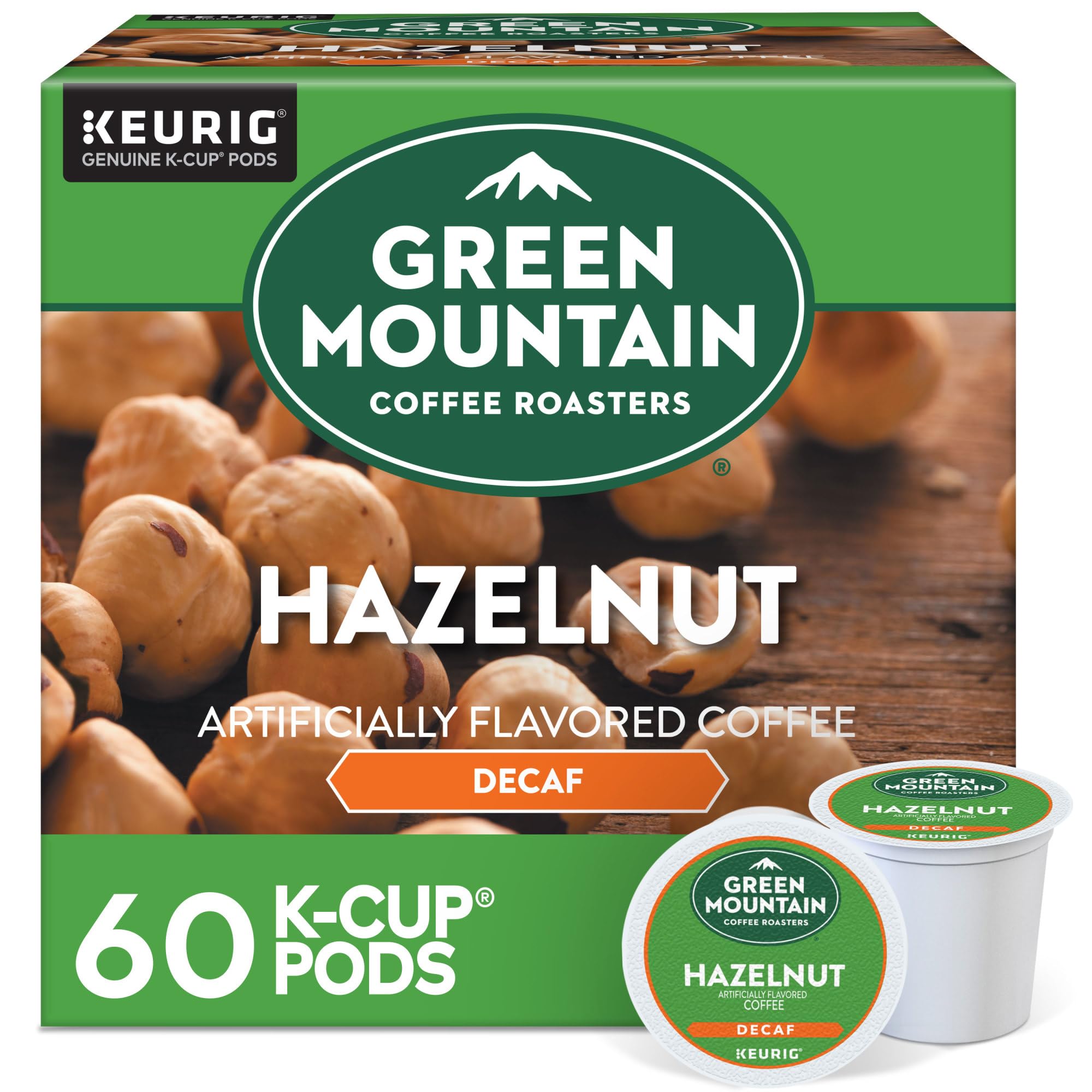 Green Mountain Hazelnut Decaf K-Cup pod with rich hazelnut aroma.