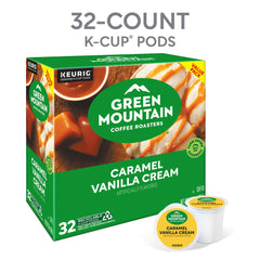 Green Mountain Caramel Vanilla Cream K-Cup pods stacked, easy to brew a rich cup.