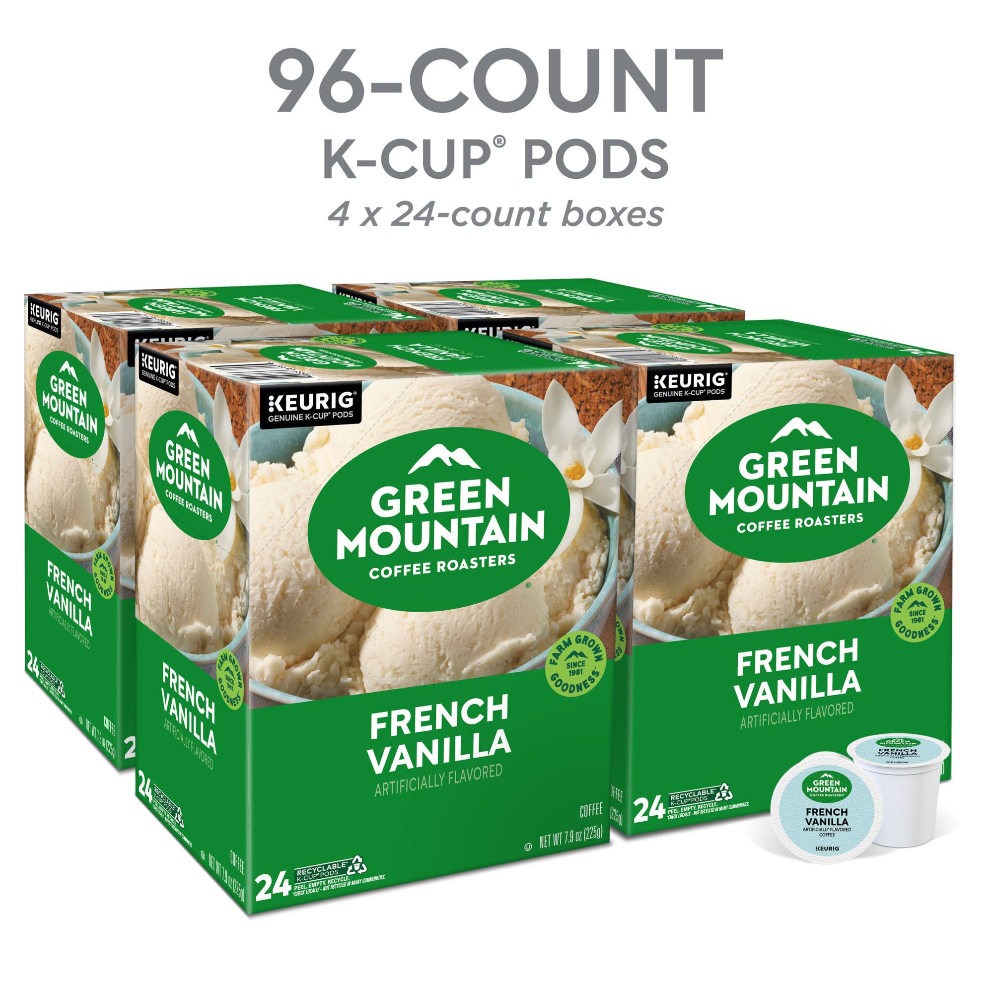 Keurig brewing scene with Green Mountain French Vanilla pod ready