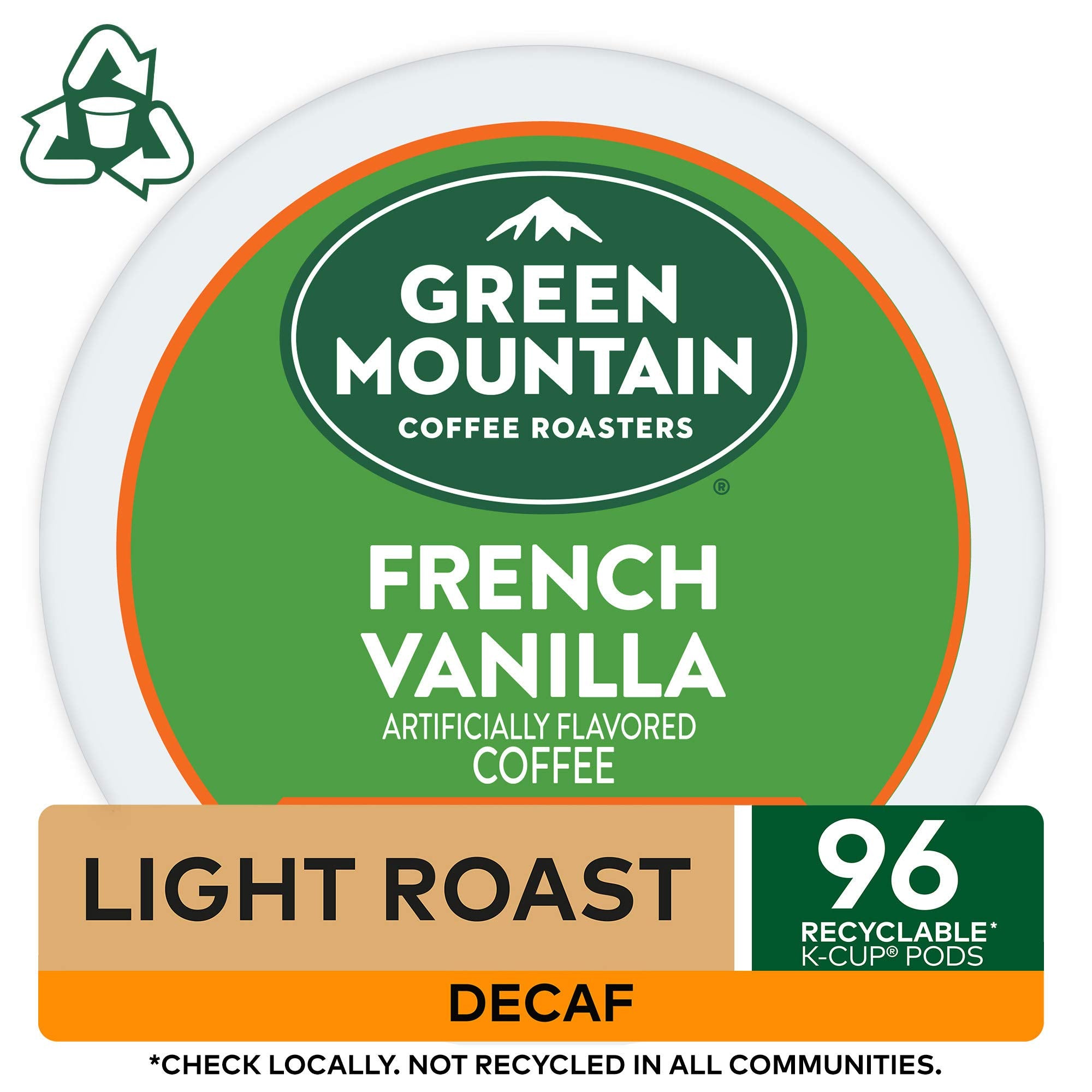 Orthodox Union kosher seal on Green Mountain vanilla decaf packaging.