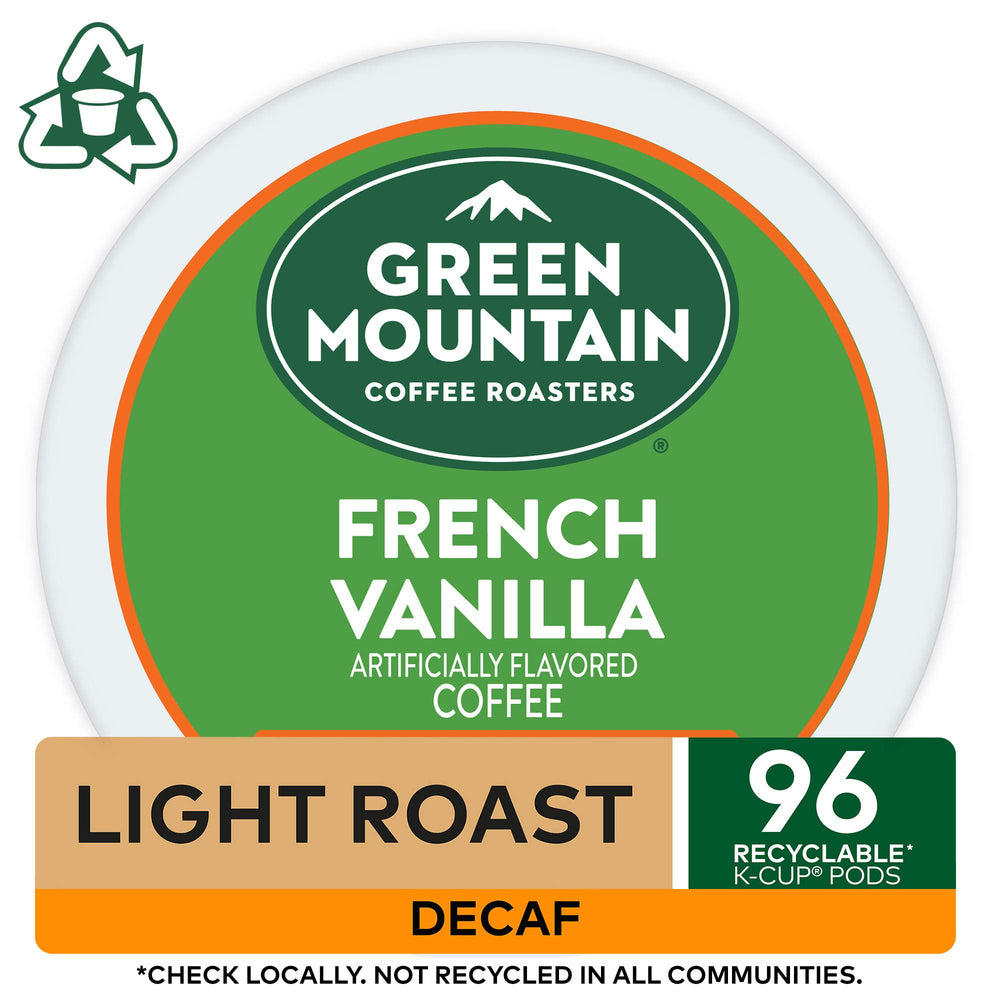 Orthodox Union kosher seal on Green Mountain vanilla decaf packaging.