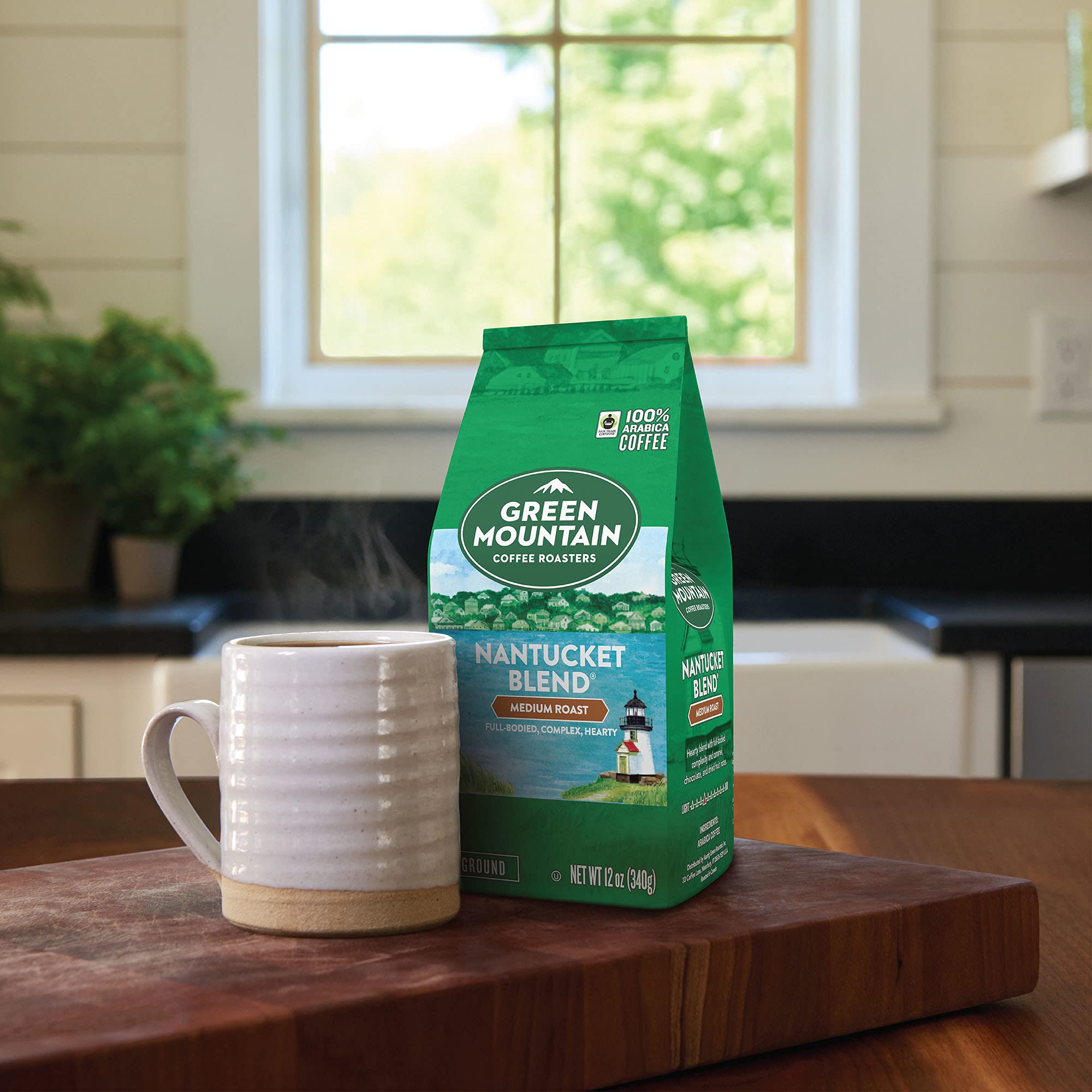 Green Mountain Nantucket Blend closeup-beans—roasted color and texture highlight careful selection