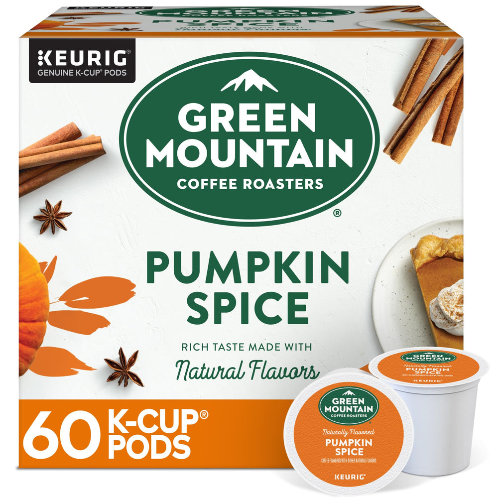 Green Mountain Coffee Roasters pumpkin-spice K-Cup pod brewing a warm fall cup for cozy mornings.