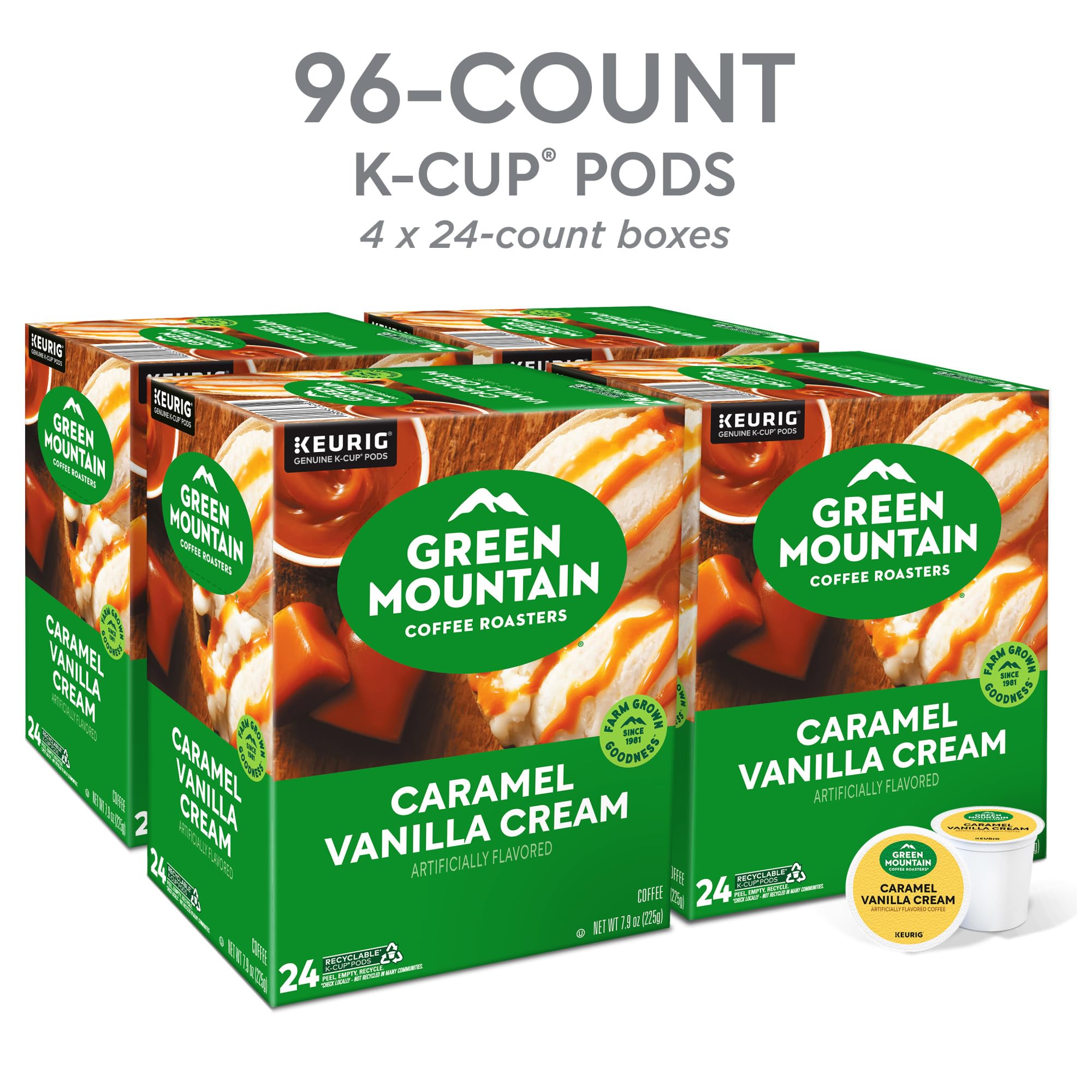 Vanilla cream swirl on Green Mountain K-Cup pod, smooth finish for afternoon breaks.