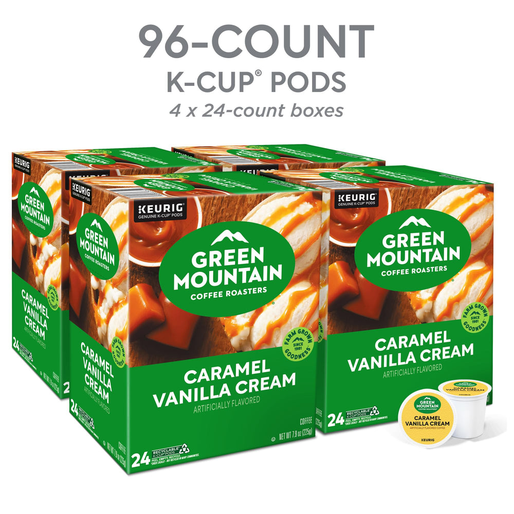 Vanilla cream swirl on Green Mountain K-Cup pod, smooth finish for afternoon breaks.