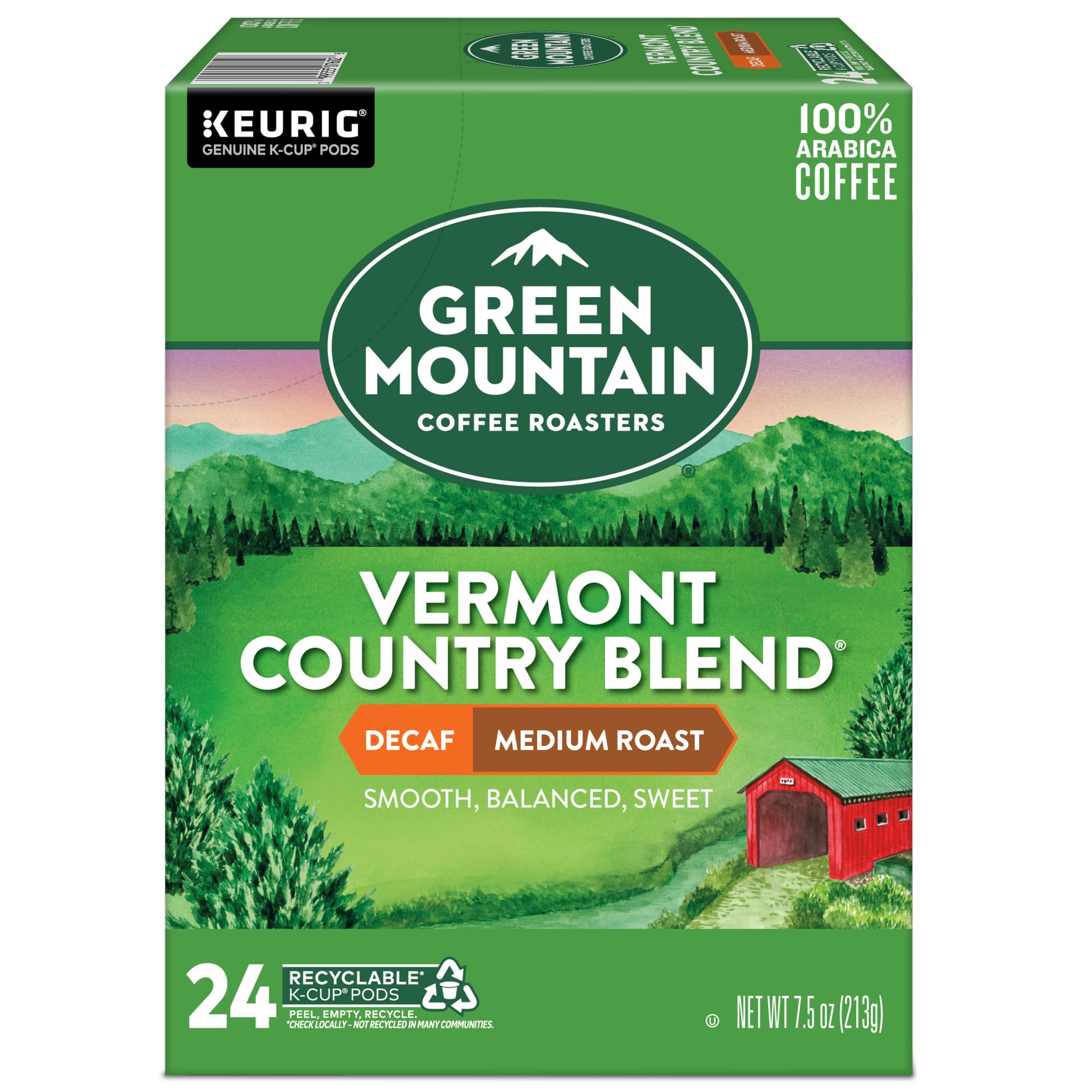 Front view of Green Mountain Vermont Country Blend Decaf packaging for easy shelving.