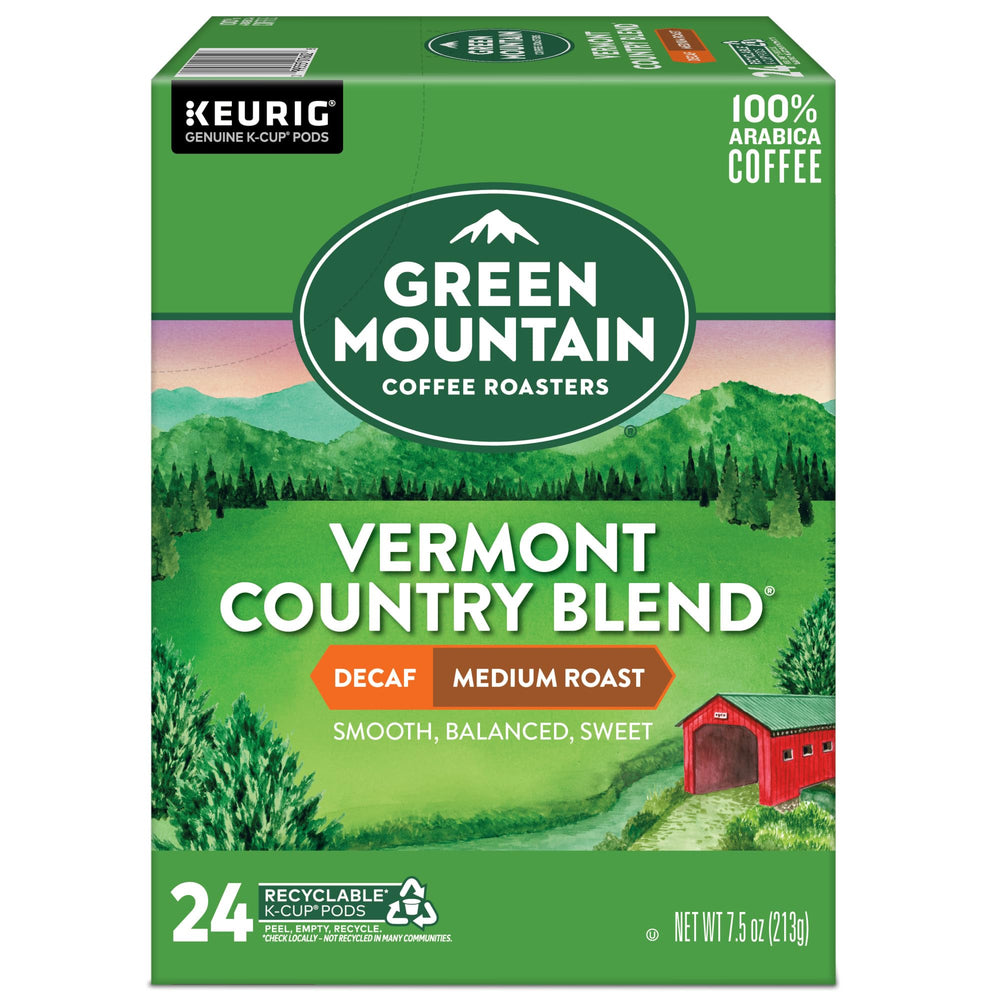 Front view of Green Mountain Vermont Country Blend Decaf packaging for easy shelving.