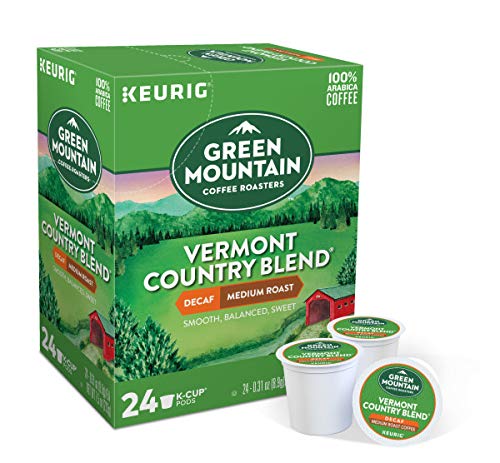 Green Mountain Vermont Country Blend Decaf K-Cups ready for Keurig brewing, smooth balance.