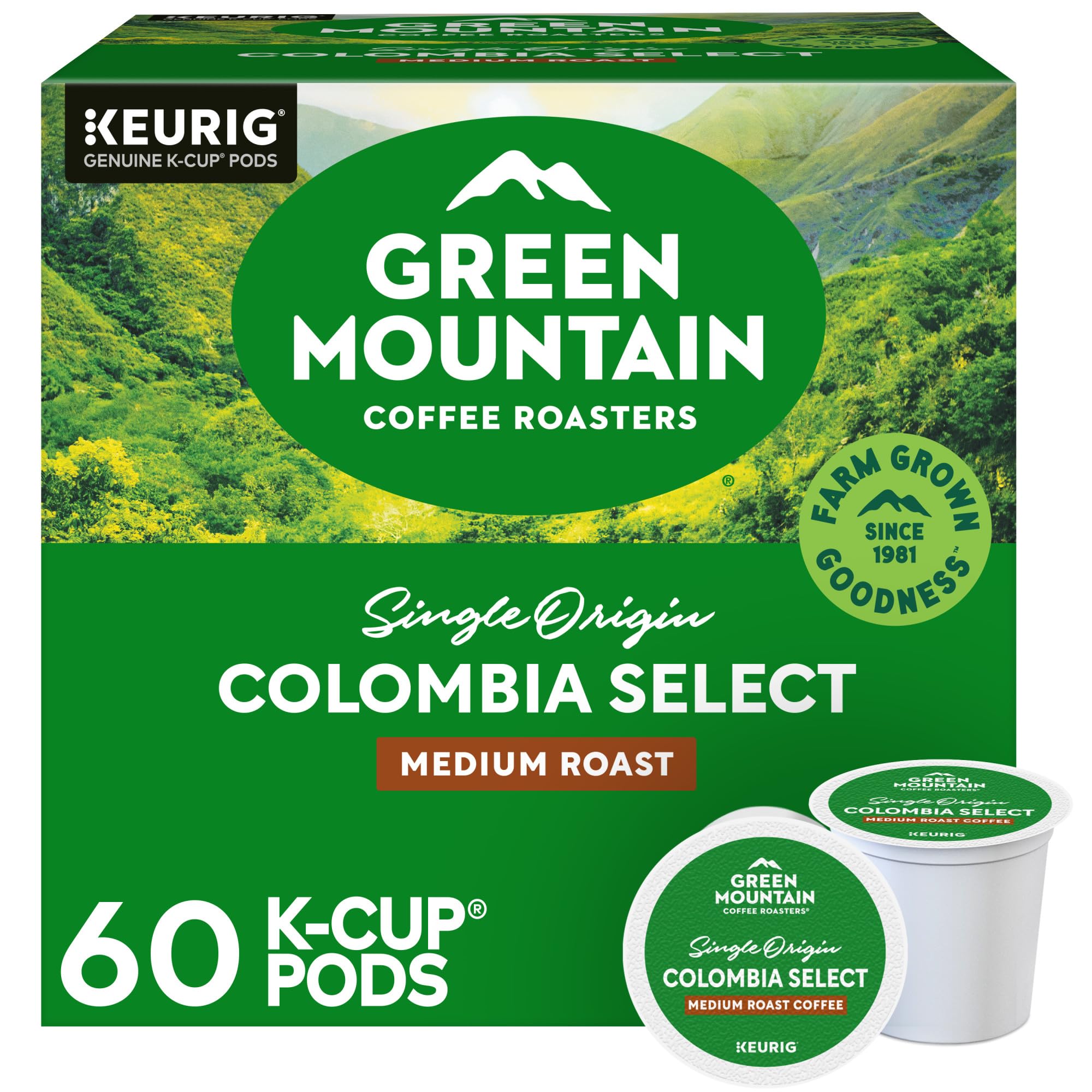 Green Mountain Colombia Select box highlights sustainable sourcing.