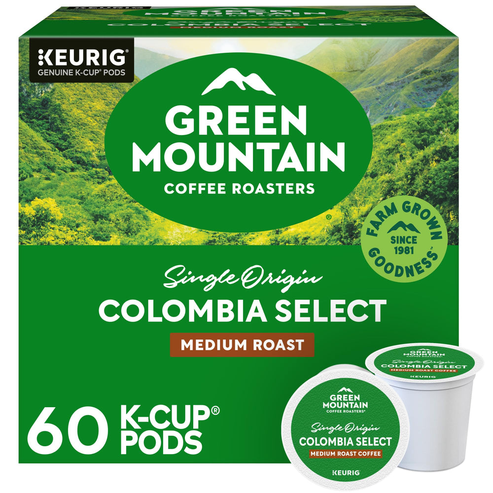 Green Mountain Colombia Select box highlights sustainable sourcing.