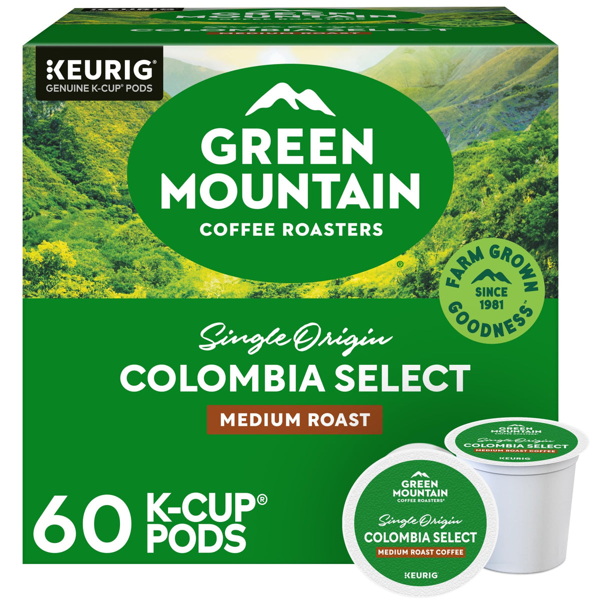 Green Mountain Colombia Select box highlights sustainable sourcing.
