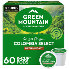 Green Mountain Colombia Select box highlights sustainable sourcing.