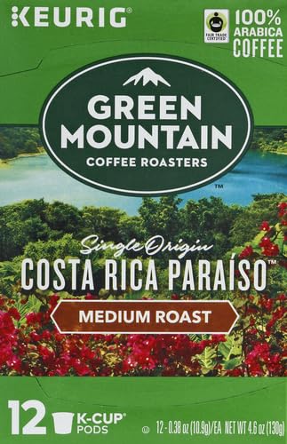 Green Mountain Costa Rica Paraiso K-Cup coffee pod close-up showing Arabica beans.