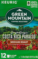 Green Mountain Costa Rica Paraiso K-Cup coffee pod close-up showing Arabica beans.